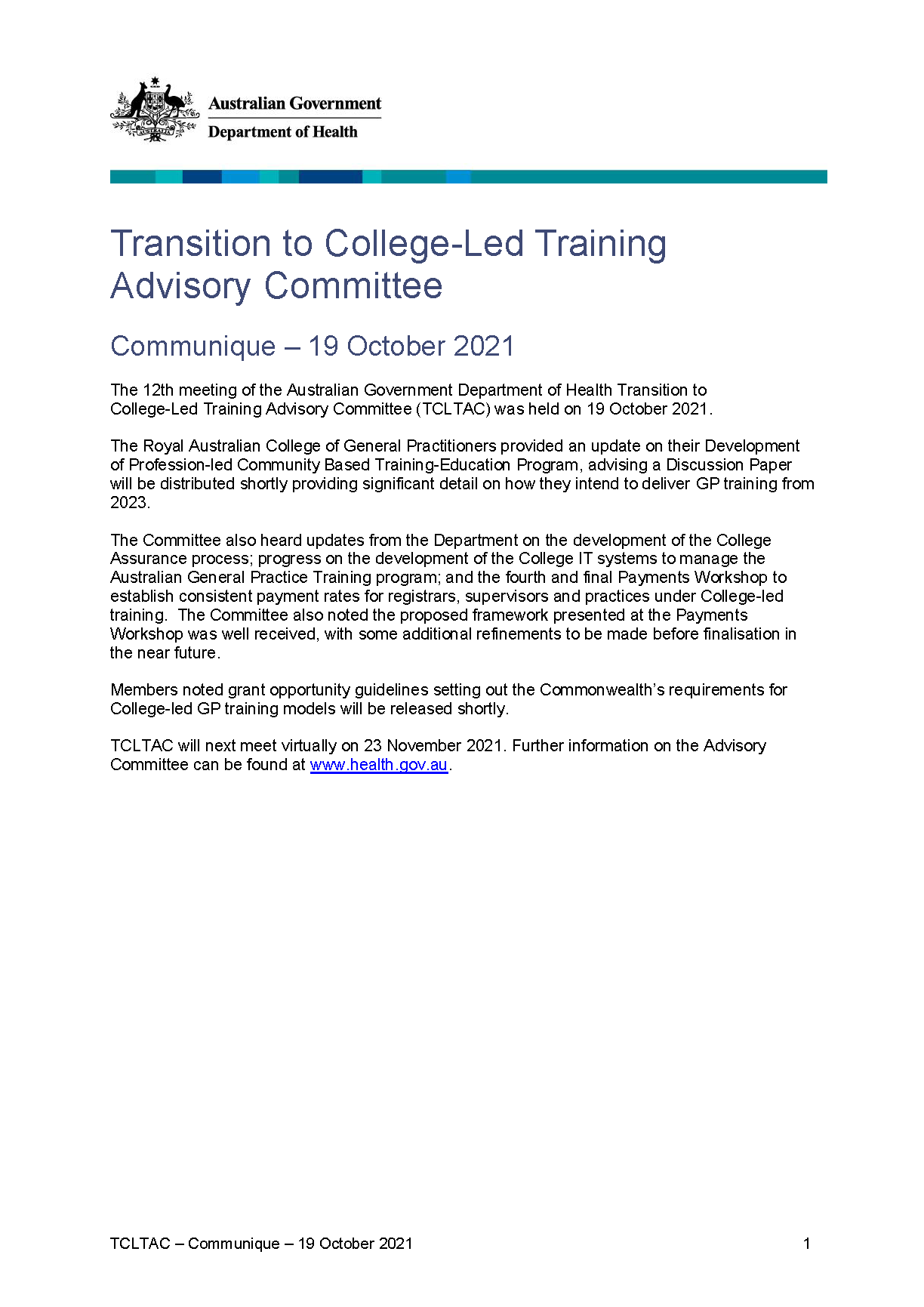 Transition to College-Led Training Advisory Committee communique