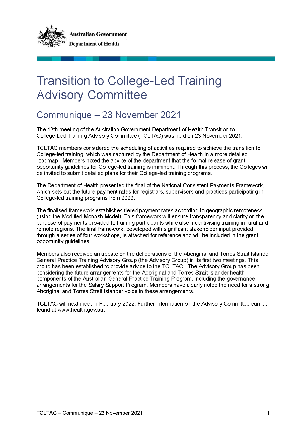 Transition to College-Led Training Advisory Committee communique