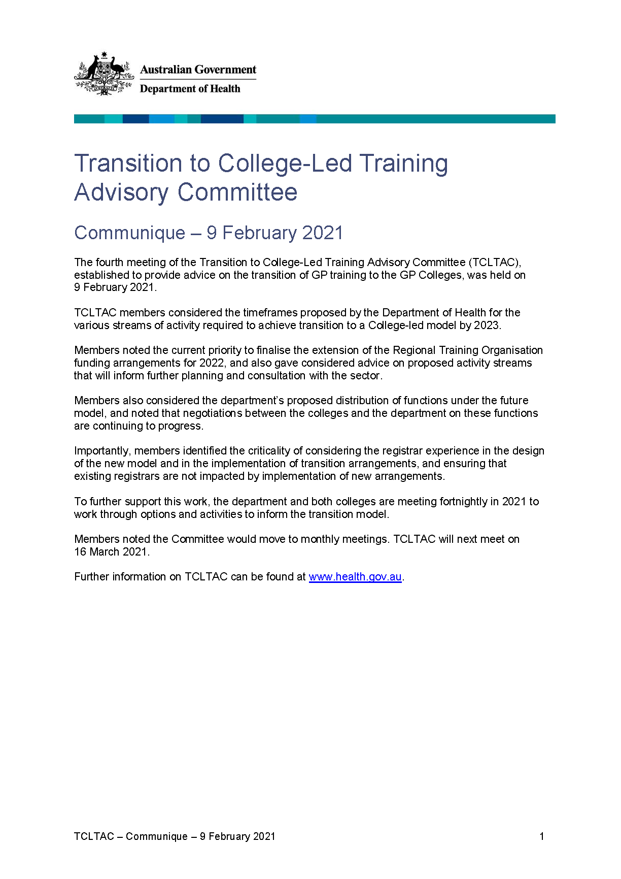 Transition to College-Led Training Advisory Committee communique