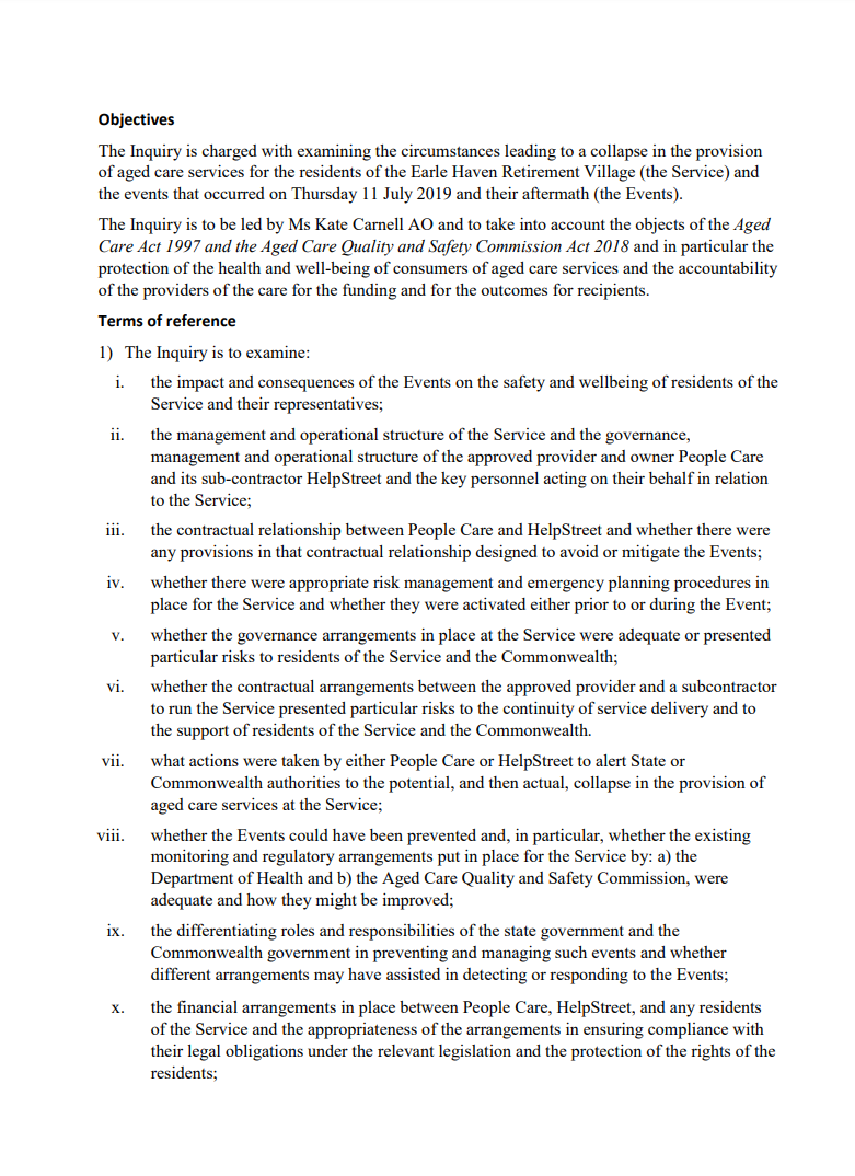 Terms of Reference for Inquiry into Earle Haven Retirement Village