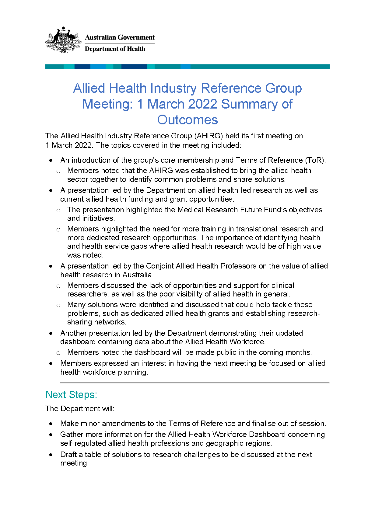 Allied Health Industry Reference Group Meeting