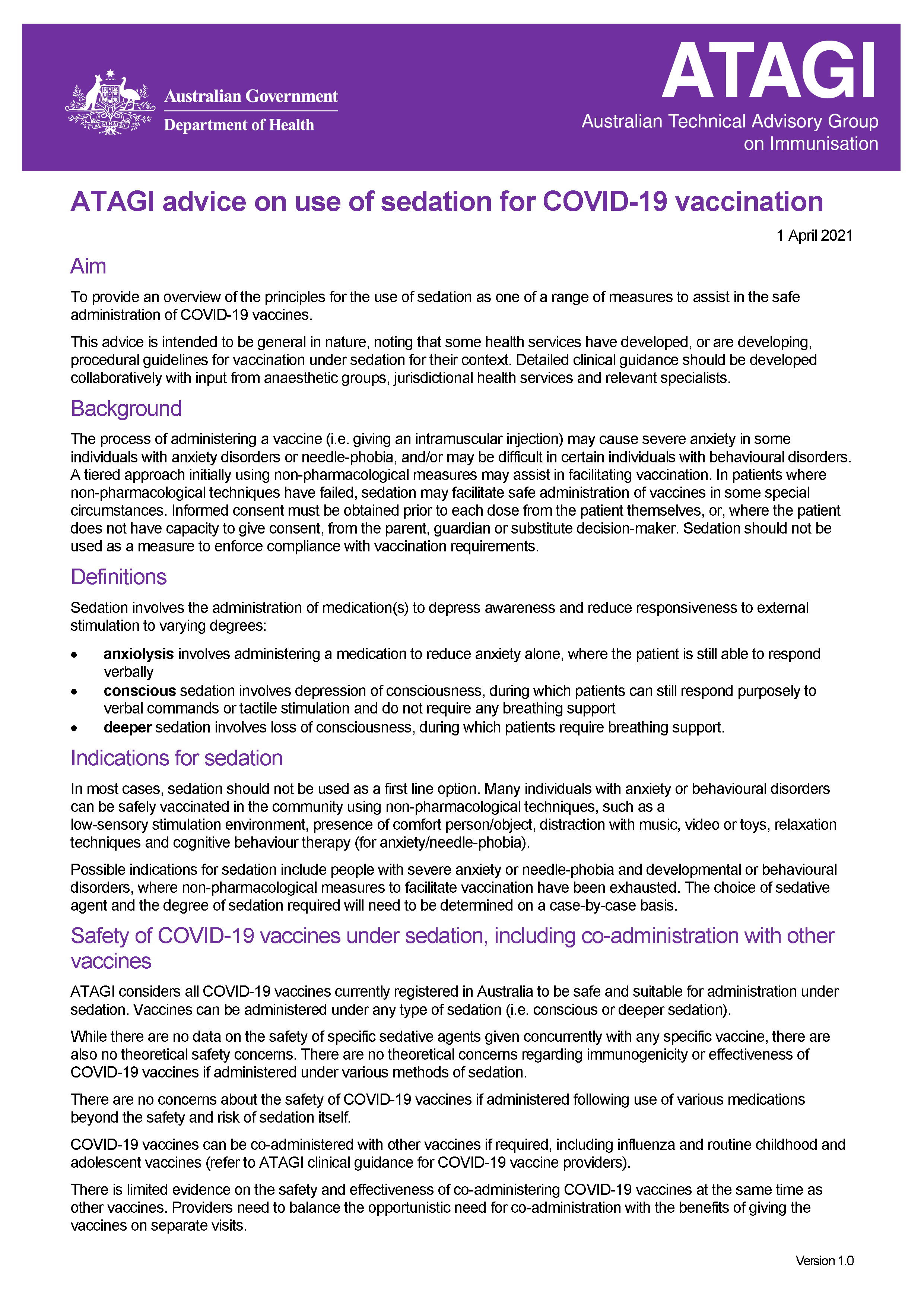ATAGI advice on the use of sedation for COVID-19 vaccination