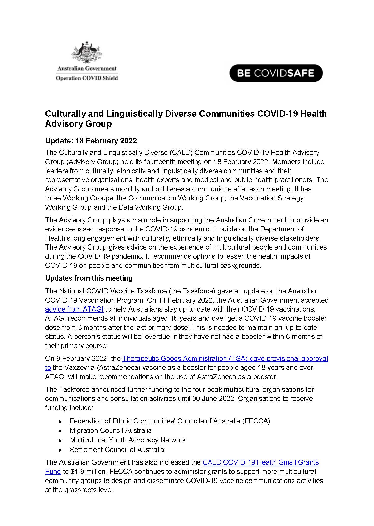 CALD communiques 18 February 2022