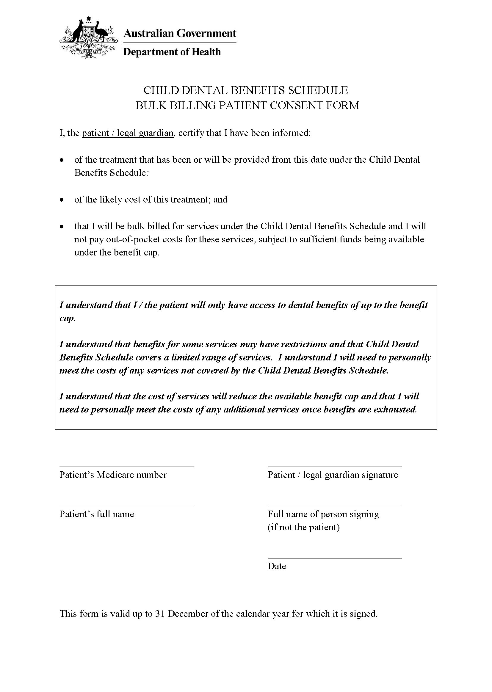 Bulk billing patient consent form – Child Dental Benefits Schedule