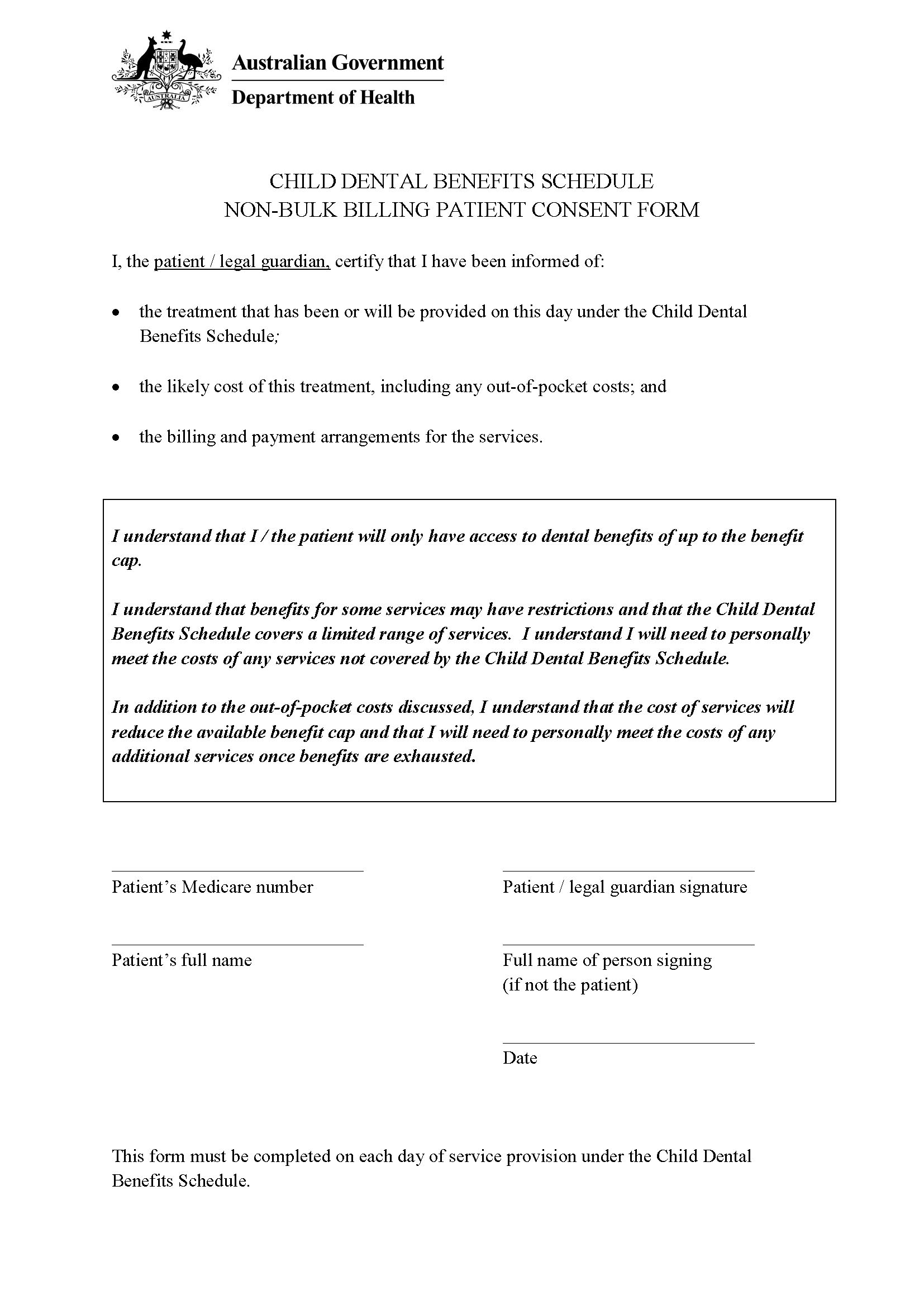 Non-bulk billing patient consent form – Child Dental Benefits Schedule