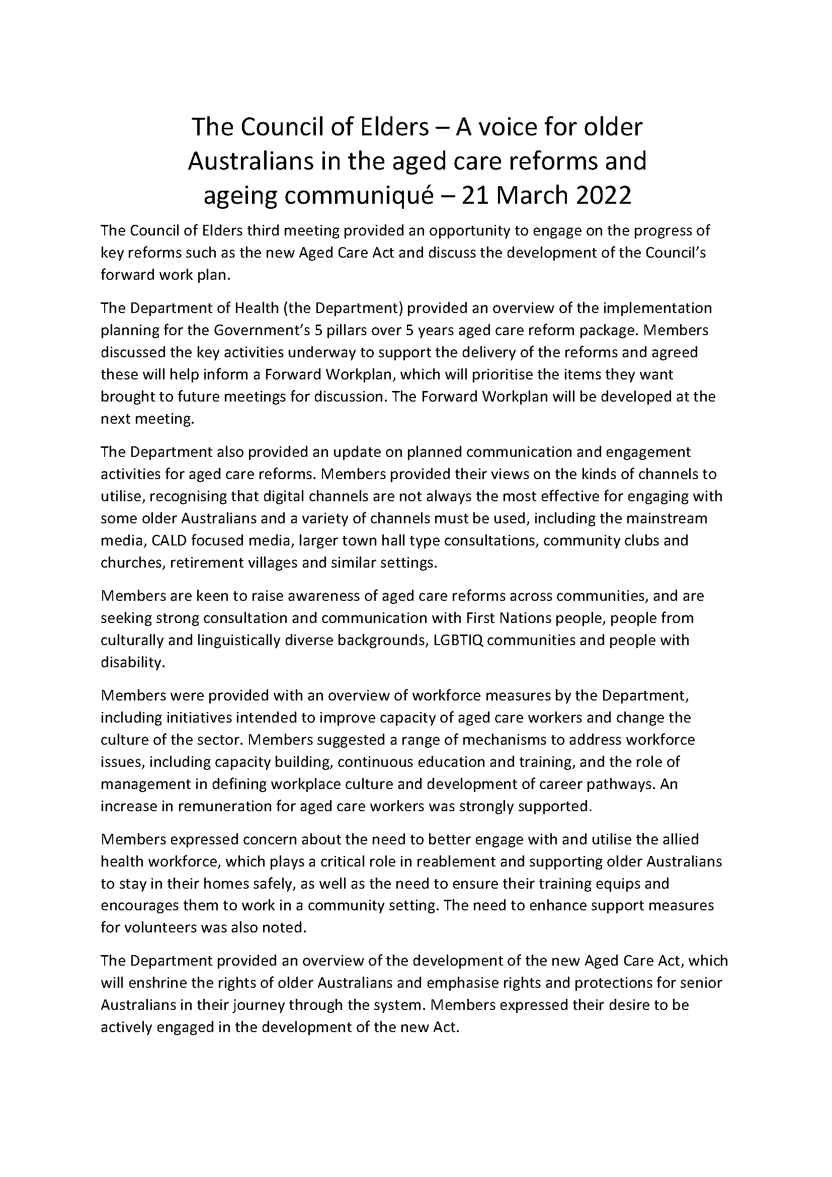 The Council of Elders – A voice for older Australians in the aged care reforms and ageing communiqué