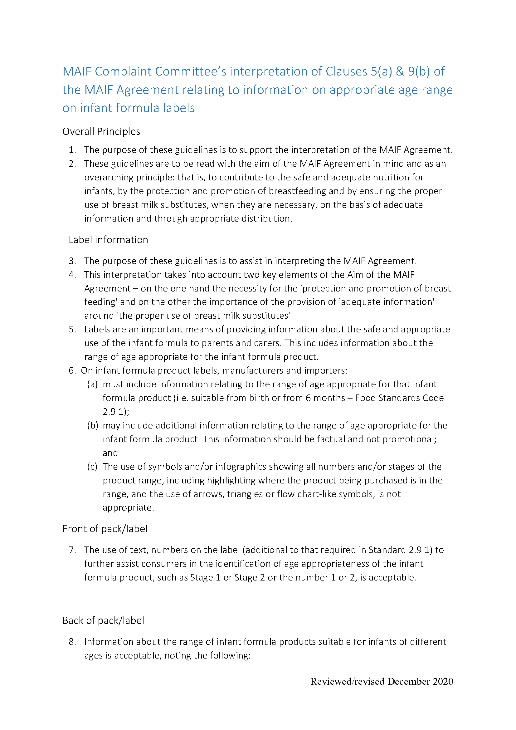 MAIF Agreement – Guidance document age range information