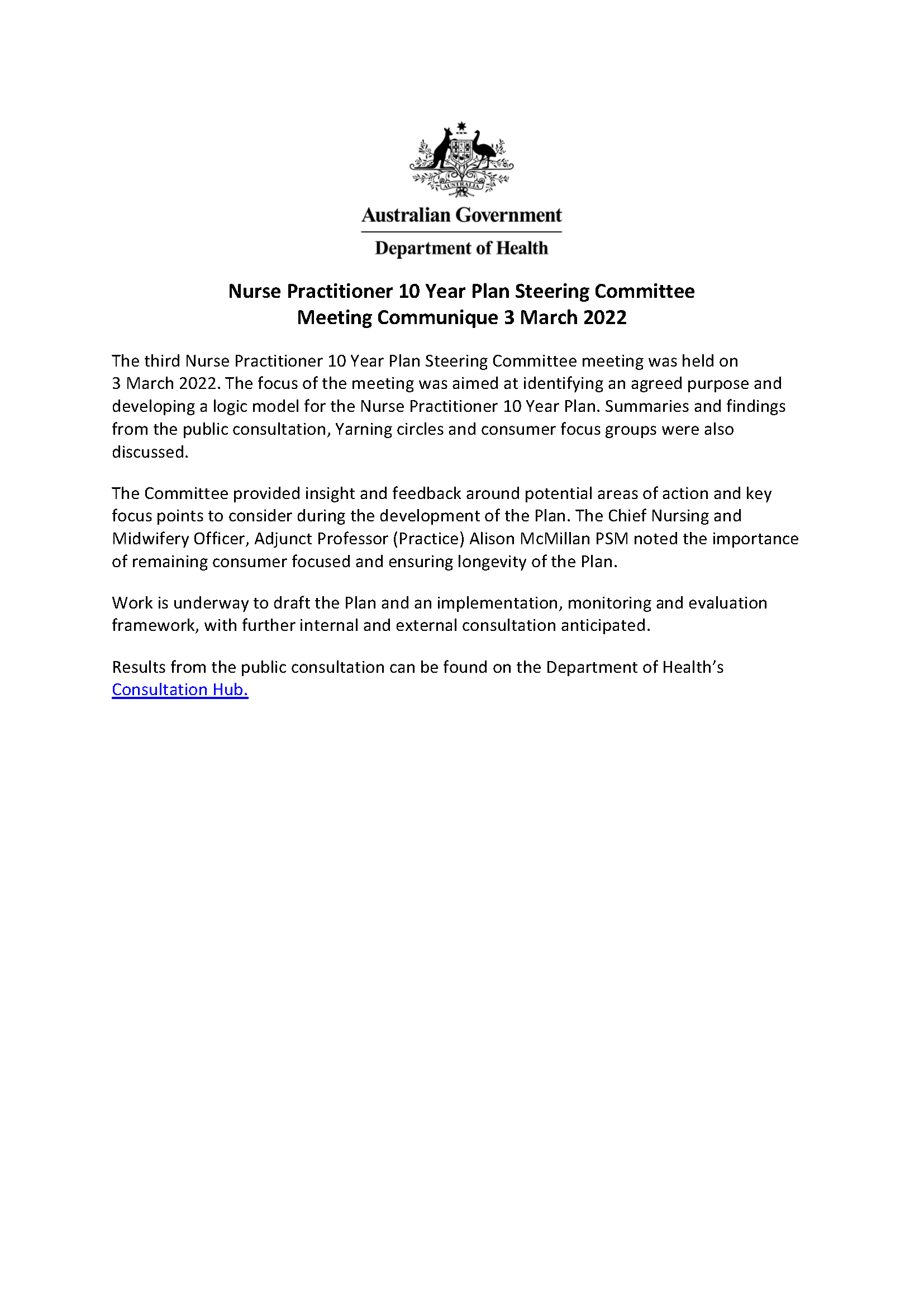 Nurse Practitioner 10 Year Plan Steering Committee communique