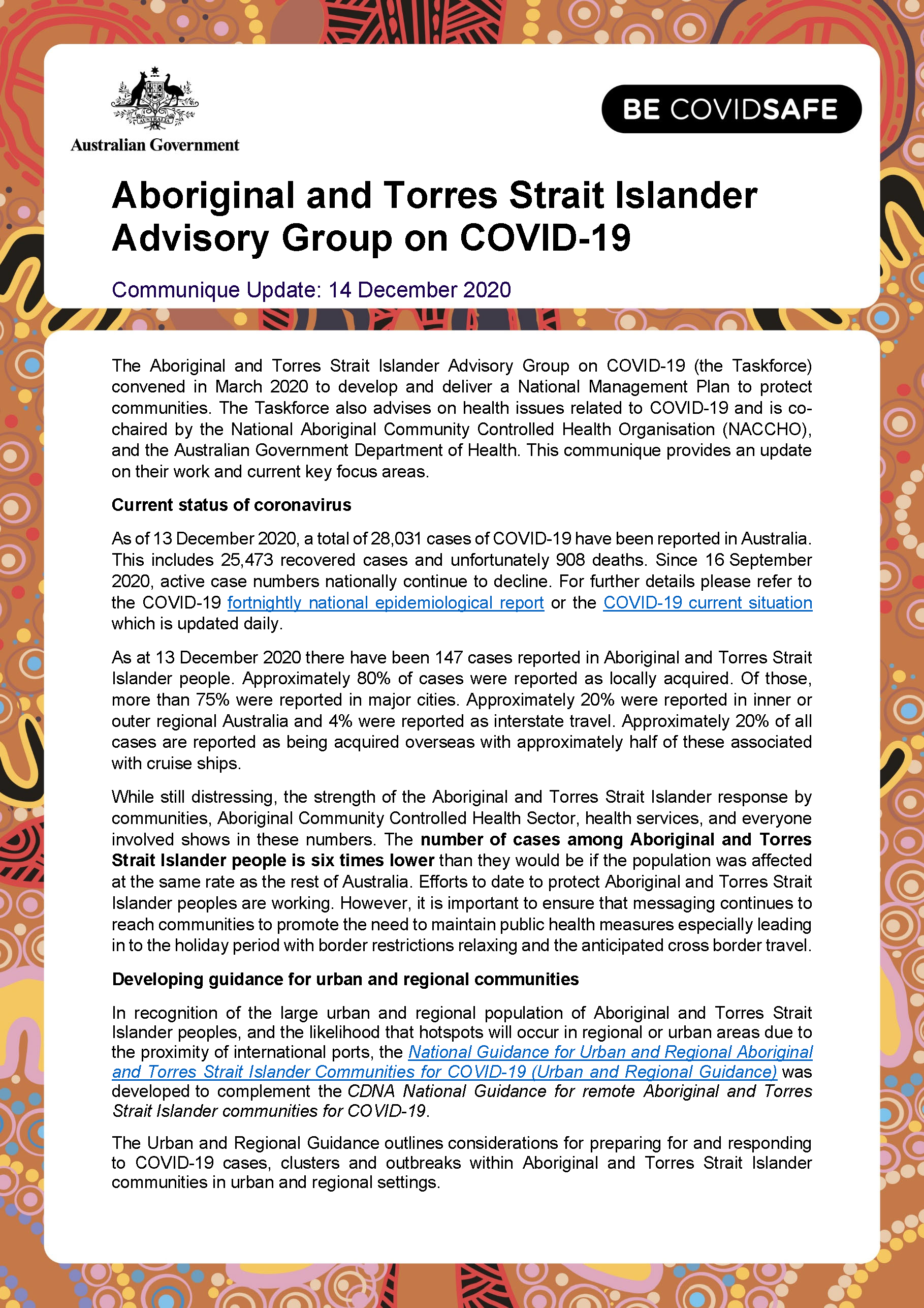 Aboriginal and Torres Strait Islander Advisory Group on COVID-19 communique – 14 December 2020