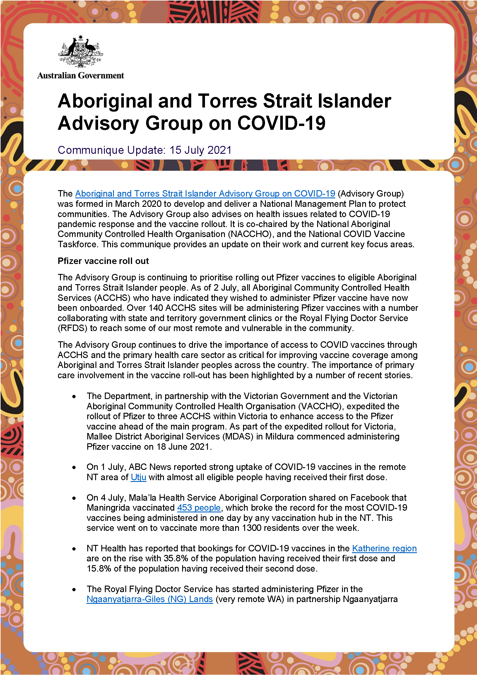 Aboriginal and Torres Strait Islander Advisory Group on COVID-19 communique – 15 July 2021
