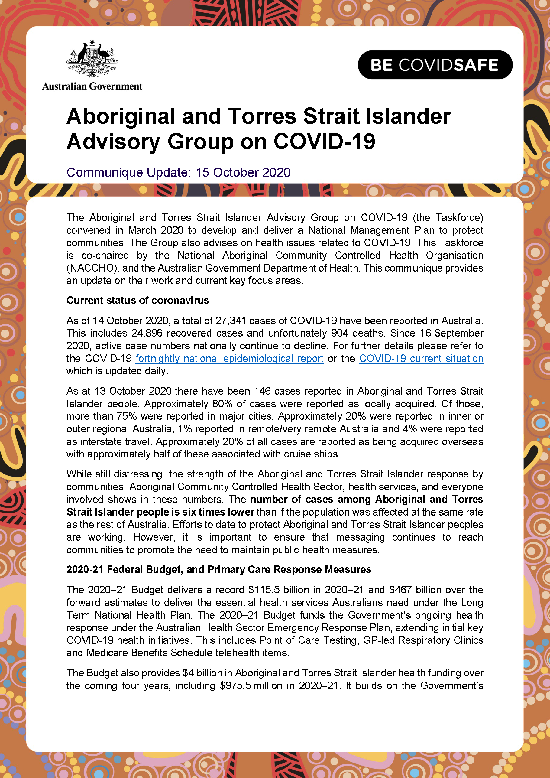 Aboriginal and Torres Strait Islander Advisory Group on COVID-19 communique – 15 October 2020