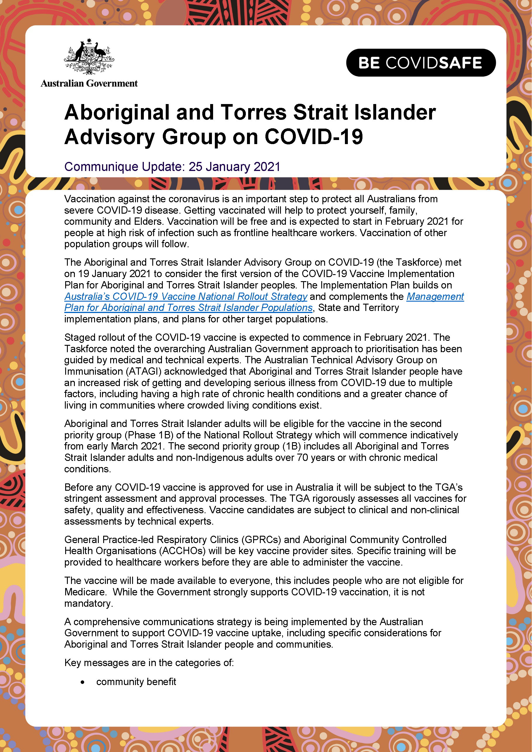 Aboriginal and Torres Strait Islander Advisory Group on COVID-19 communique – 25 January 2021