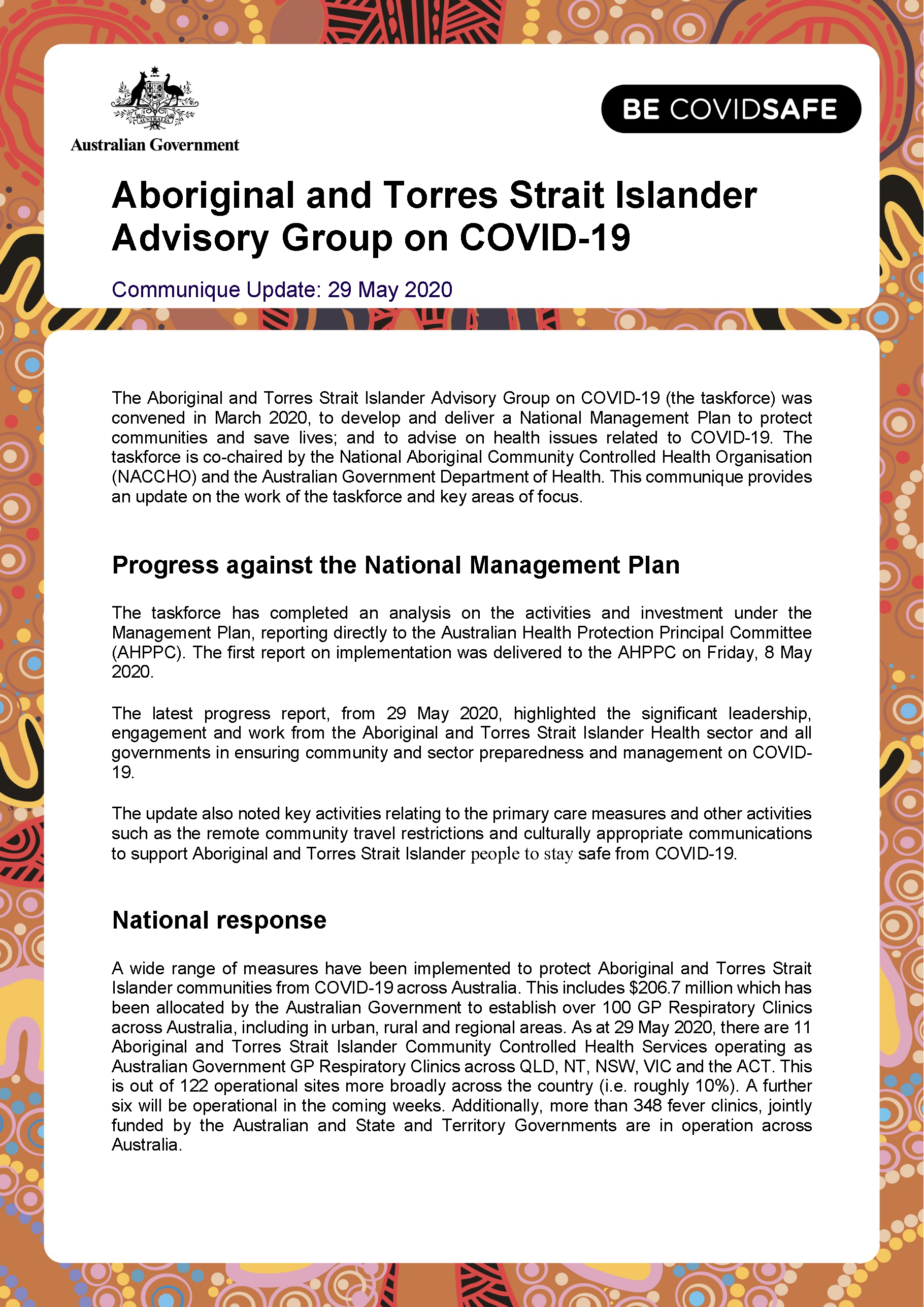 Aboriginal and Torres Strait Islander Advisory Group on COVID-19 communique – 29 May 2020