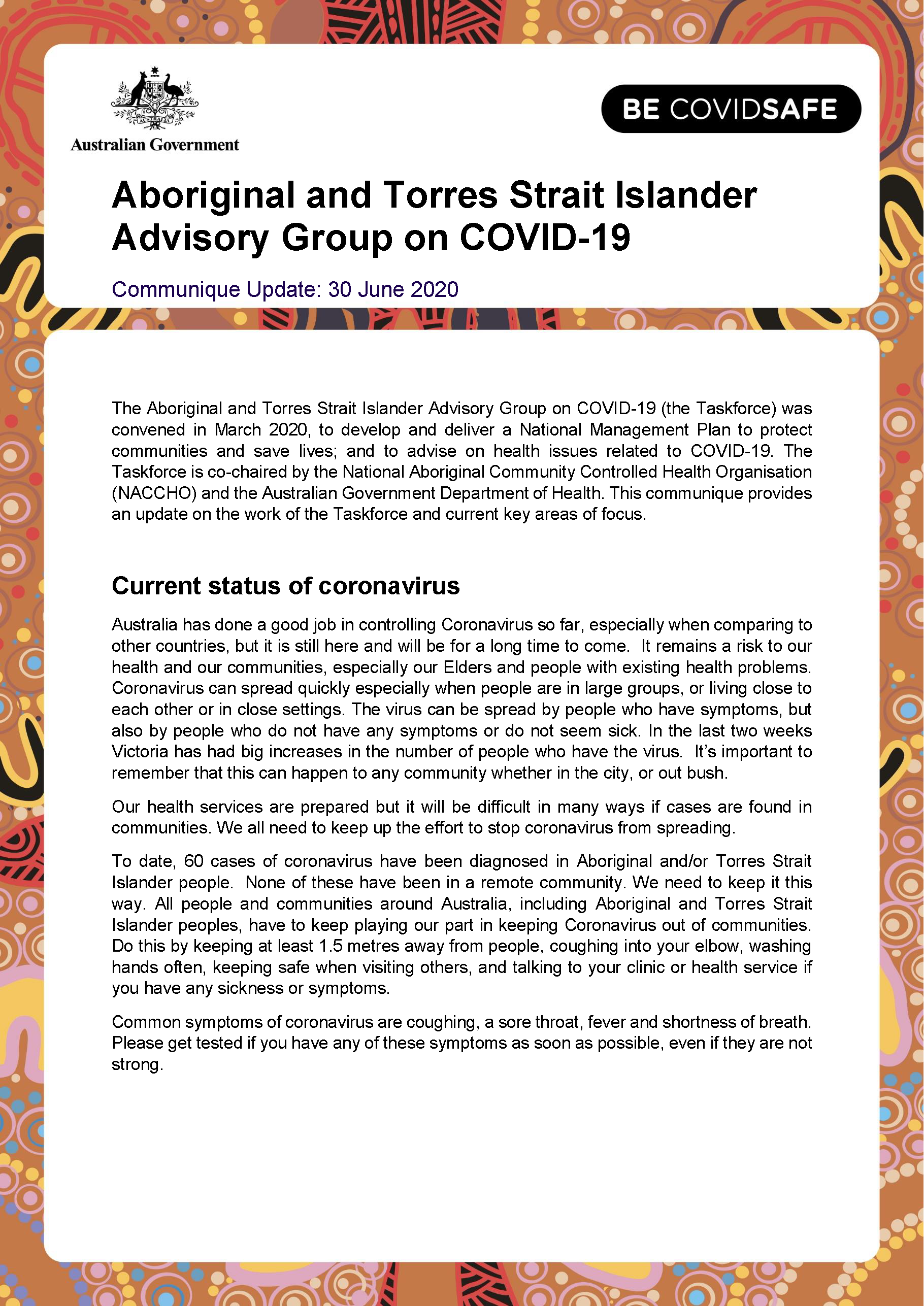 Aboriginal and Torres Strait Islander Advisory Group on COVID-19 communique – 30 June 2020