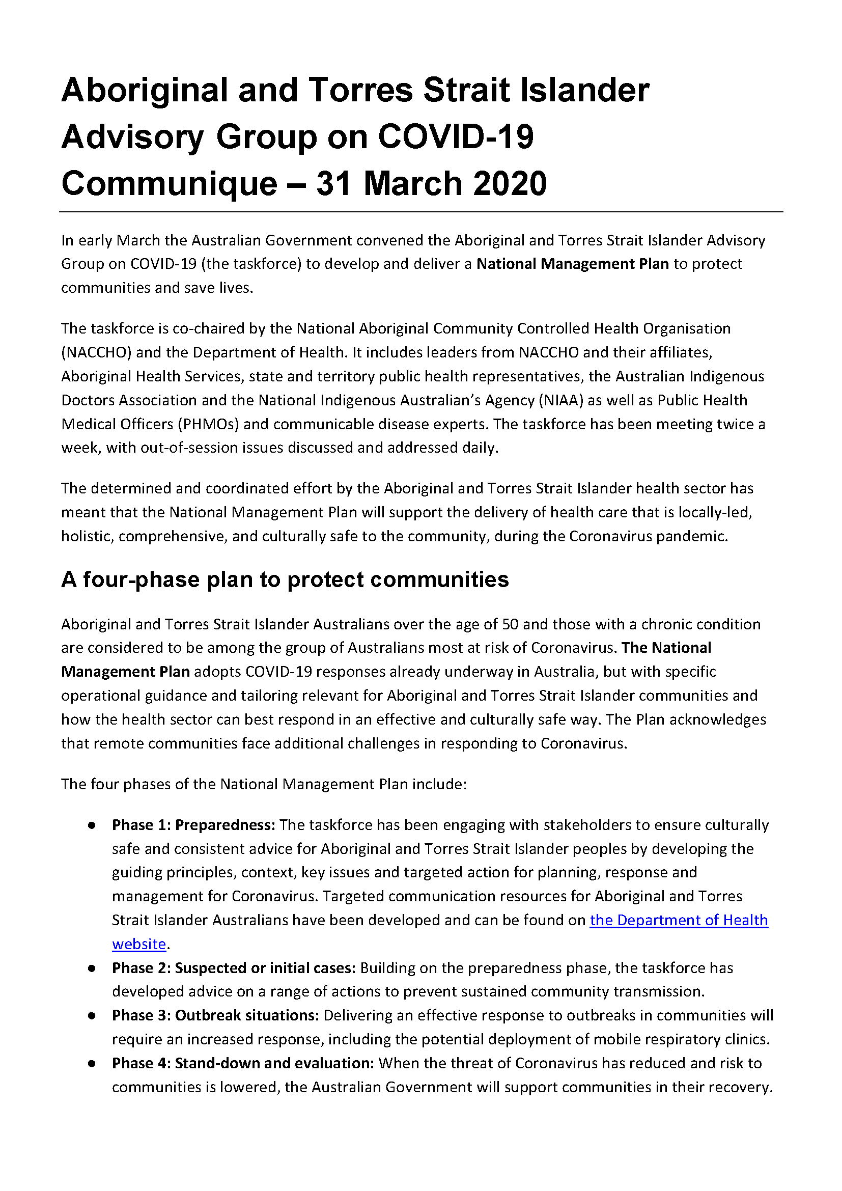 Aboriginal and Torres Strait Islander Advisory Group on COVID-19 communique – 31 March 2020