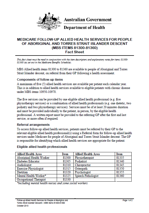 Cover image for Annual health check for Aboriginal and Torres Strait Islander people – follow-up allied health services 