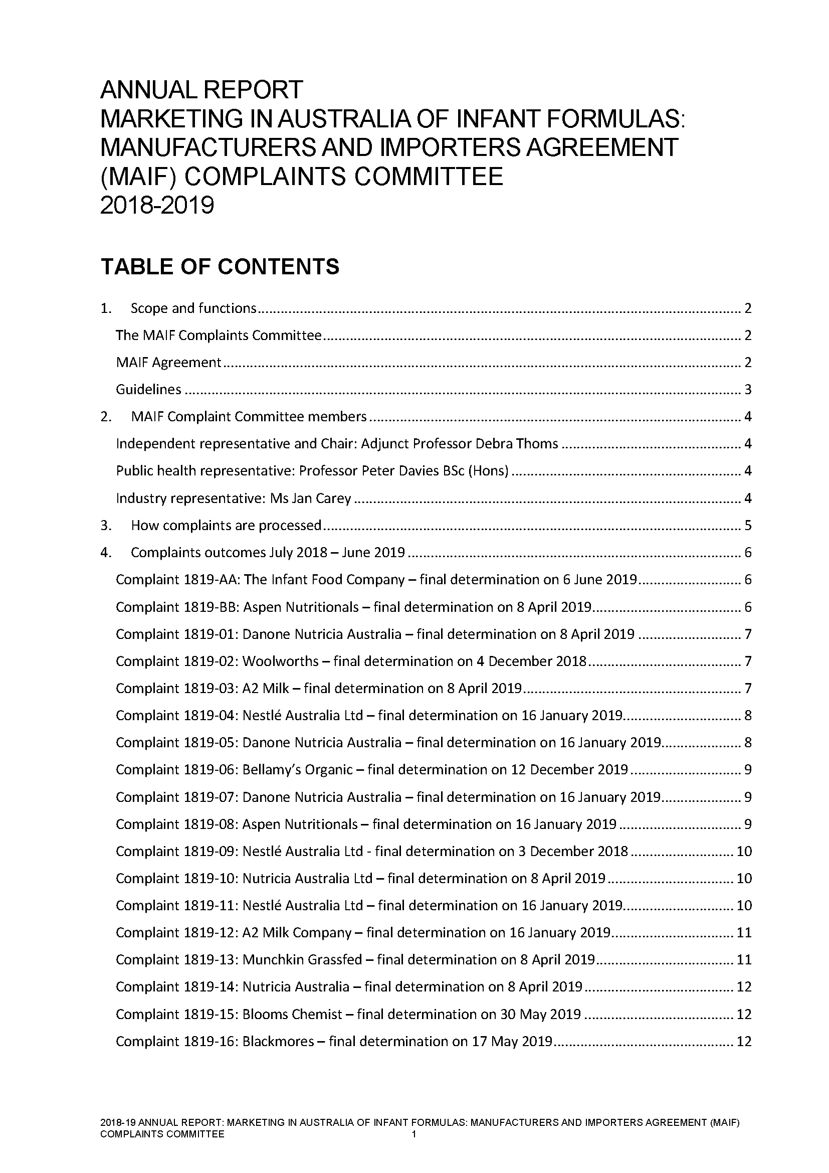 MAIF Complaints Committee Annual Report 2018-19