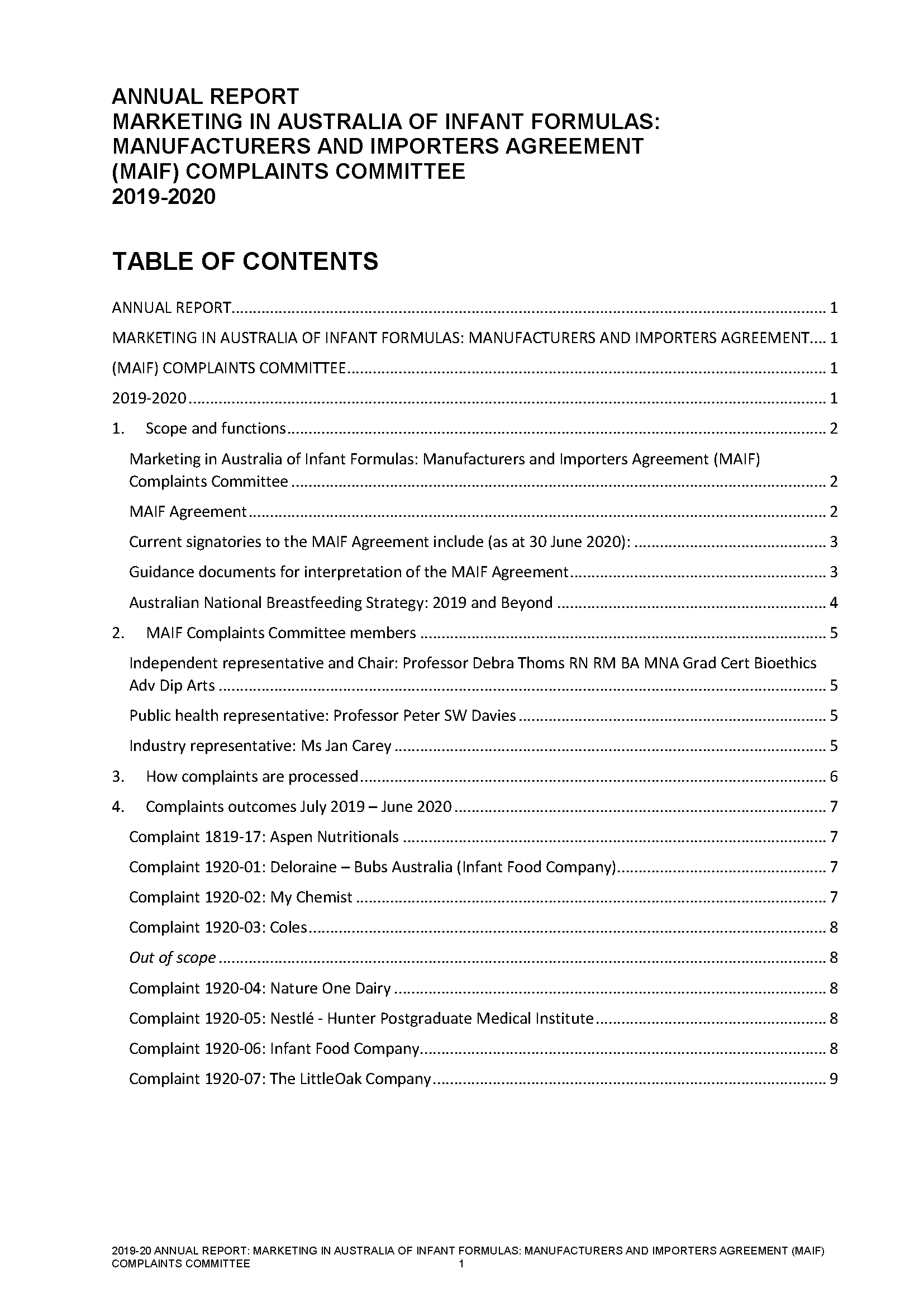 MAIF Complaints Committee Annual Report 2019-2020