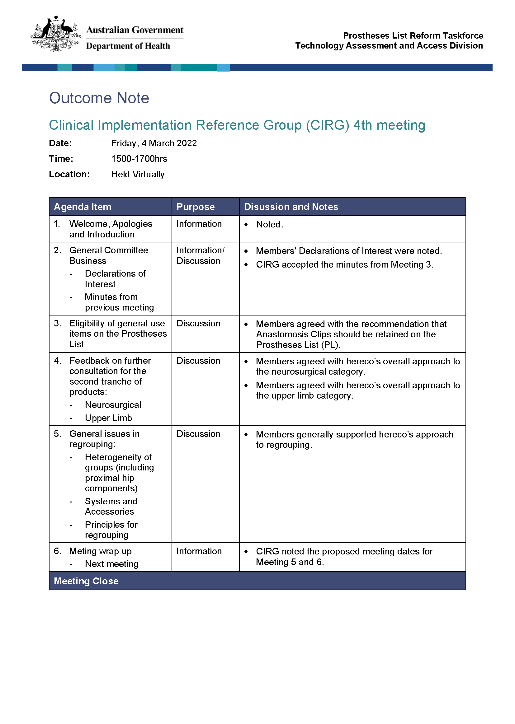 Outcome note – Clinical Implementation Reference Group (CIRG) meeting – 4 March 2022