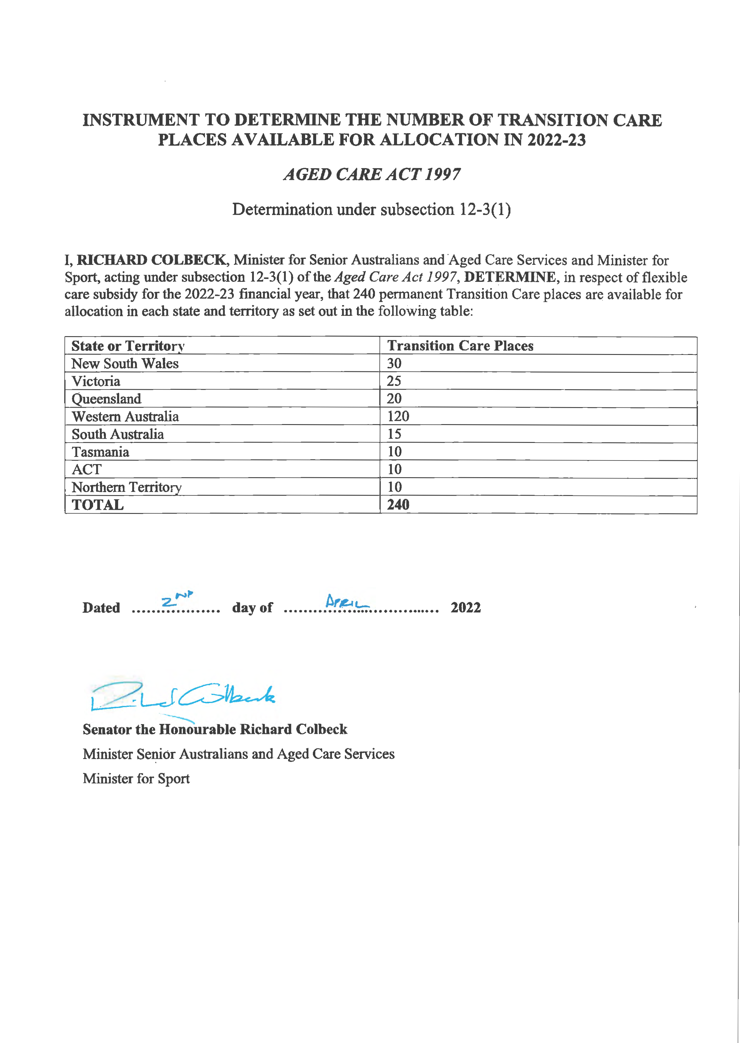 Instrument to determine the number of transition care places available for allocation in 2022-23