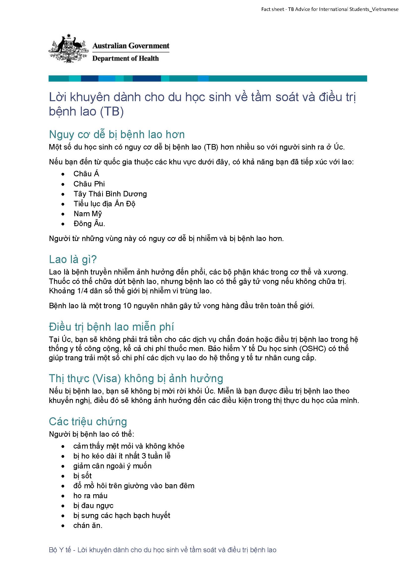 Lời khuyên dành cho du học sinh về tầm soát và điều trị bệnh lao (TB)