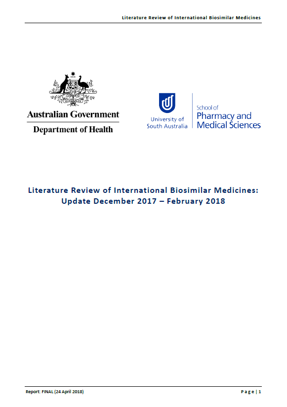 Cover image for Literature review of international biosimilar medicines update – December 2017 to February 2018