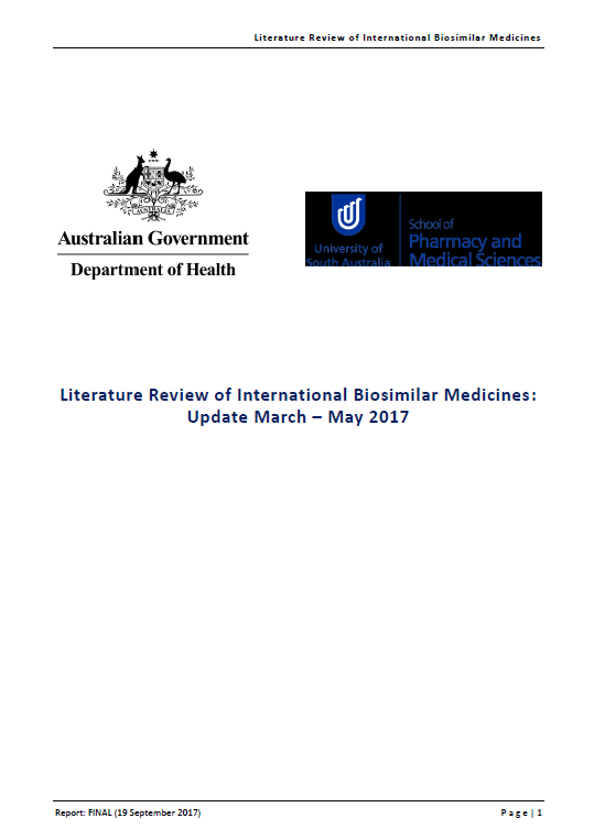 Cover image for Literature review of international biosimilar medicines update – March to May 2017