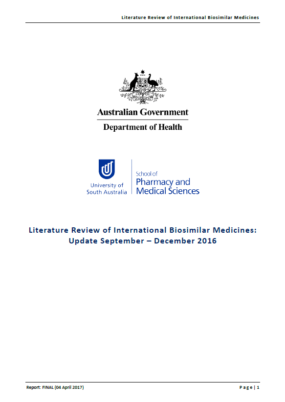 Cover image for Literature review of international biosimilar medicines update – September to December 2016
