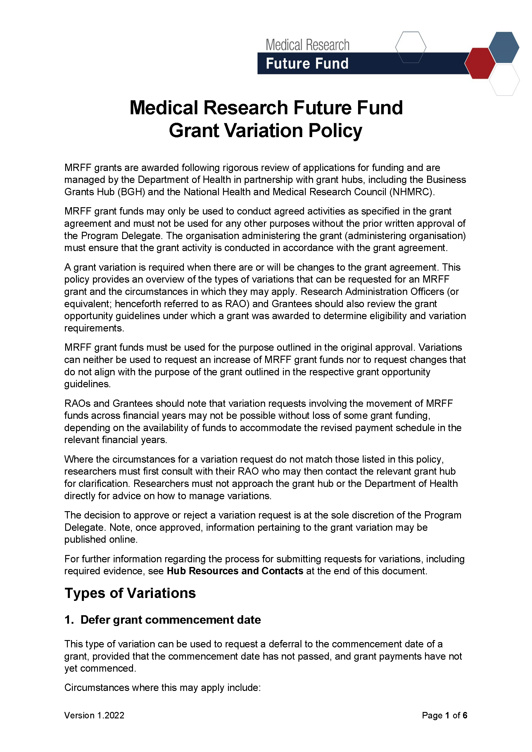 Medical Research Future Fund Grant Variation Policy