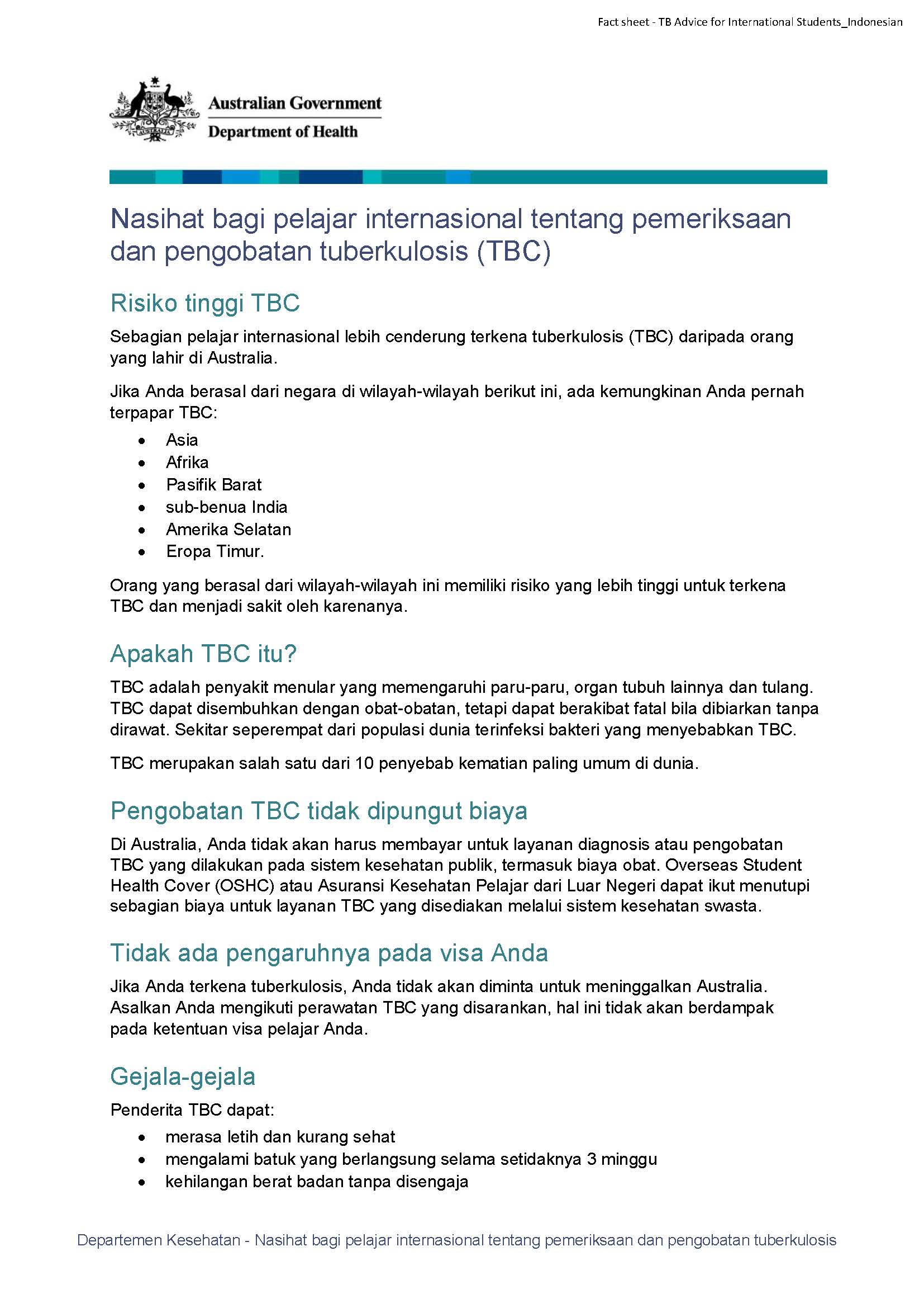 Nasihat bagi pelajar internasional tentang pemeriksaan dan pengobatan tuberkulosis (TBC)