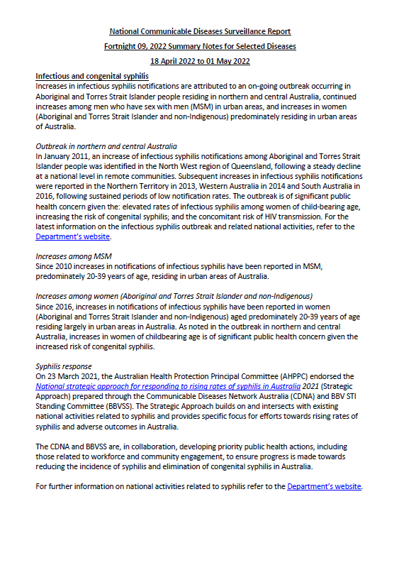 Cover image for National Notifiable Diseases Surveillance System (NNDSS) fortnightly reports – 18 April to 1 May 2022