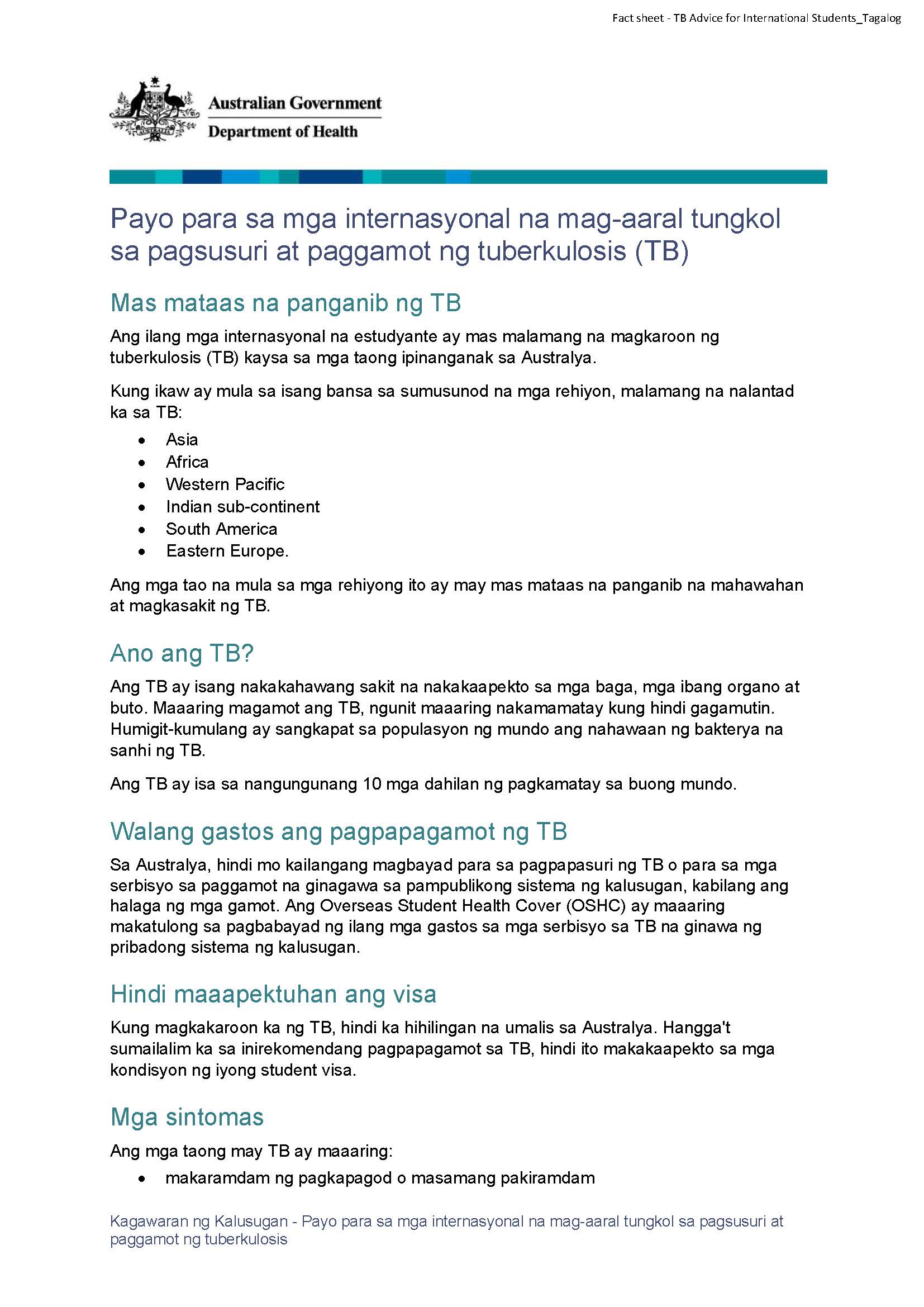 Payo para sa mga internasyonal na mag-aaral tungkol sa pagsusuri at paggamot ng tuberkulosis (TB)