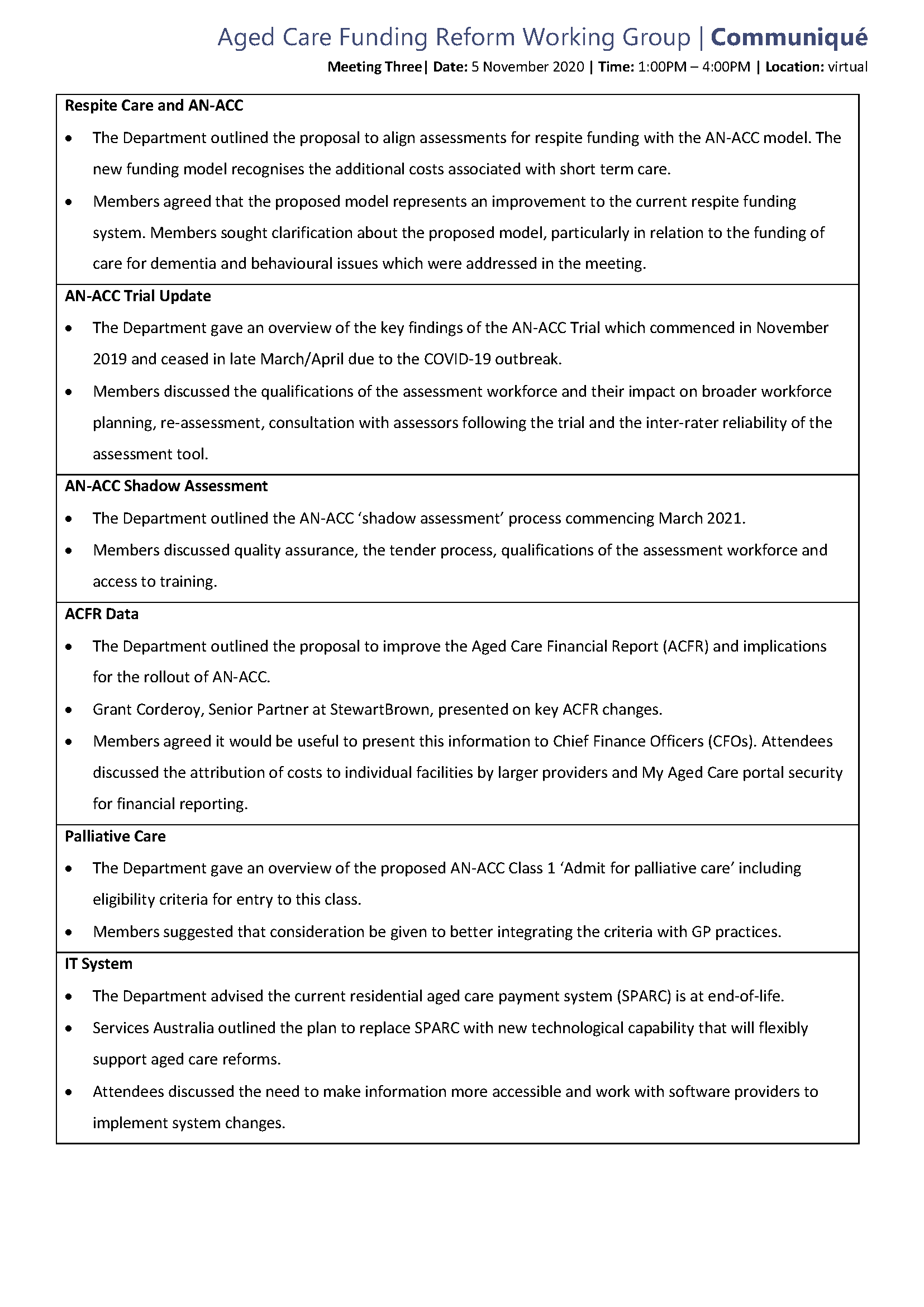 RAC communique – 5 November 2020