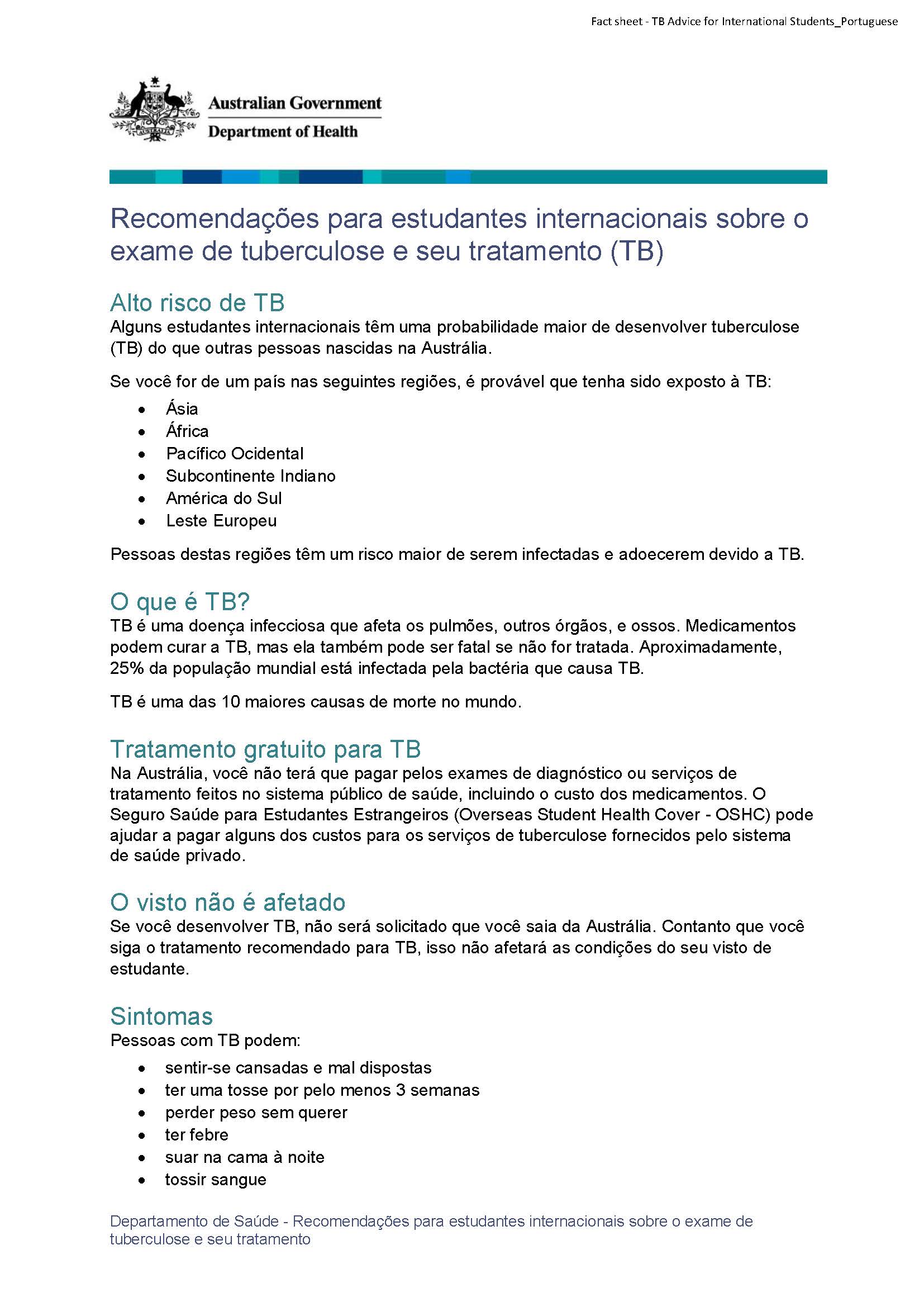 Recomendações para estudantes internacionais sobre o exame de tuberculose e seu tratamento (TB)