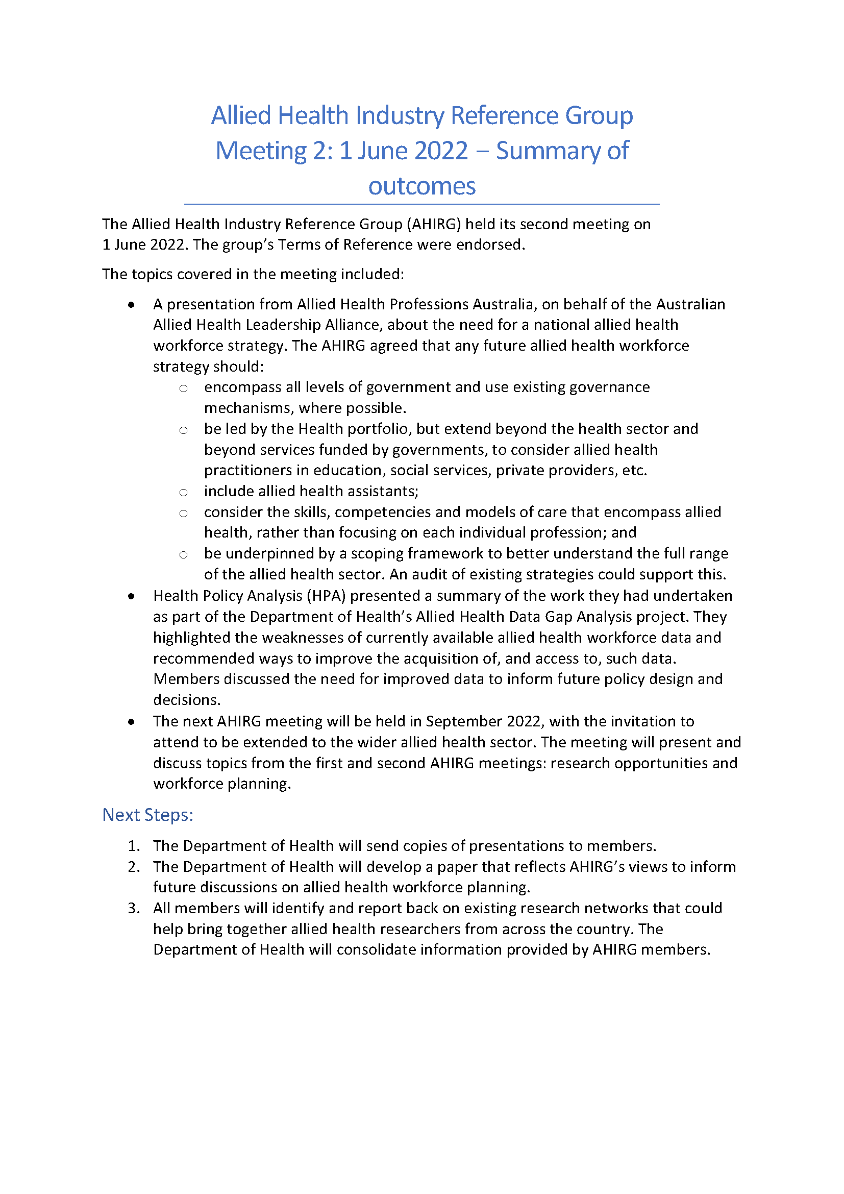 Allied Health Industry Reference Group Communique