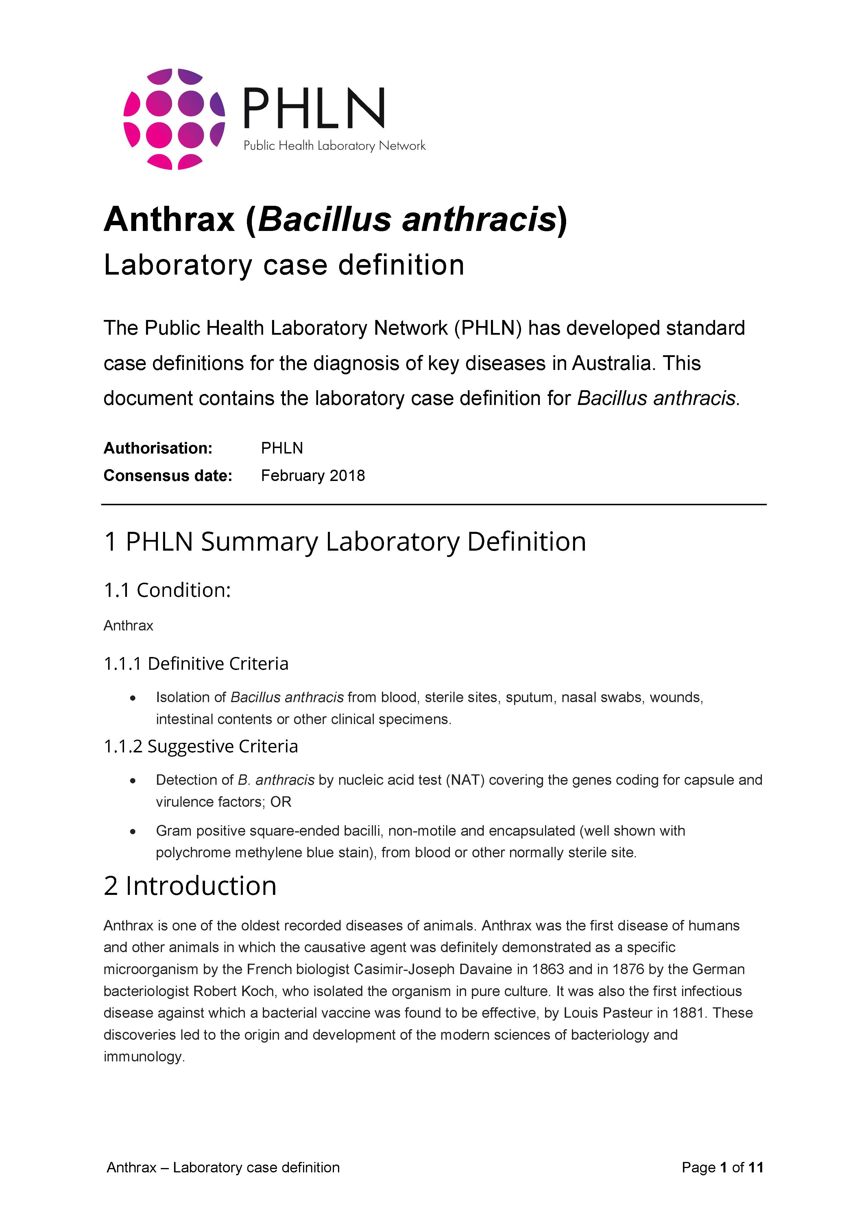 Anthrax – Laboratory case definition