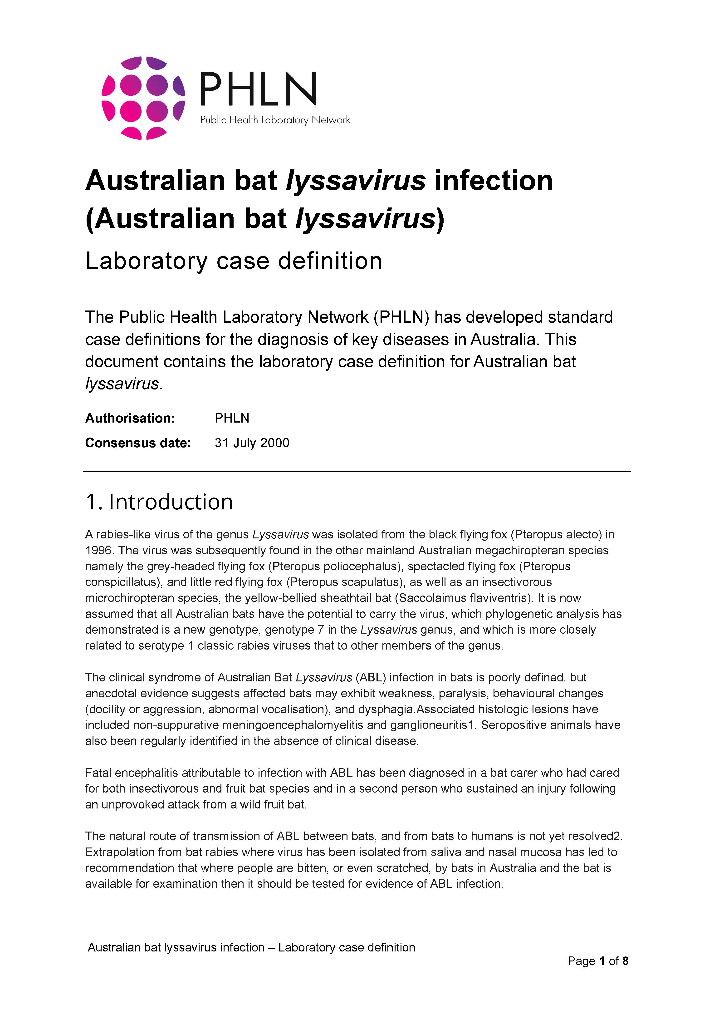 Australian bat lyssavirus infection – Laboratory case definition