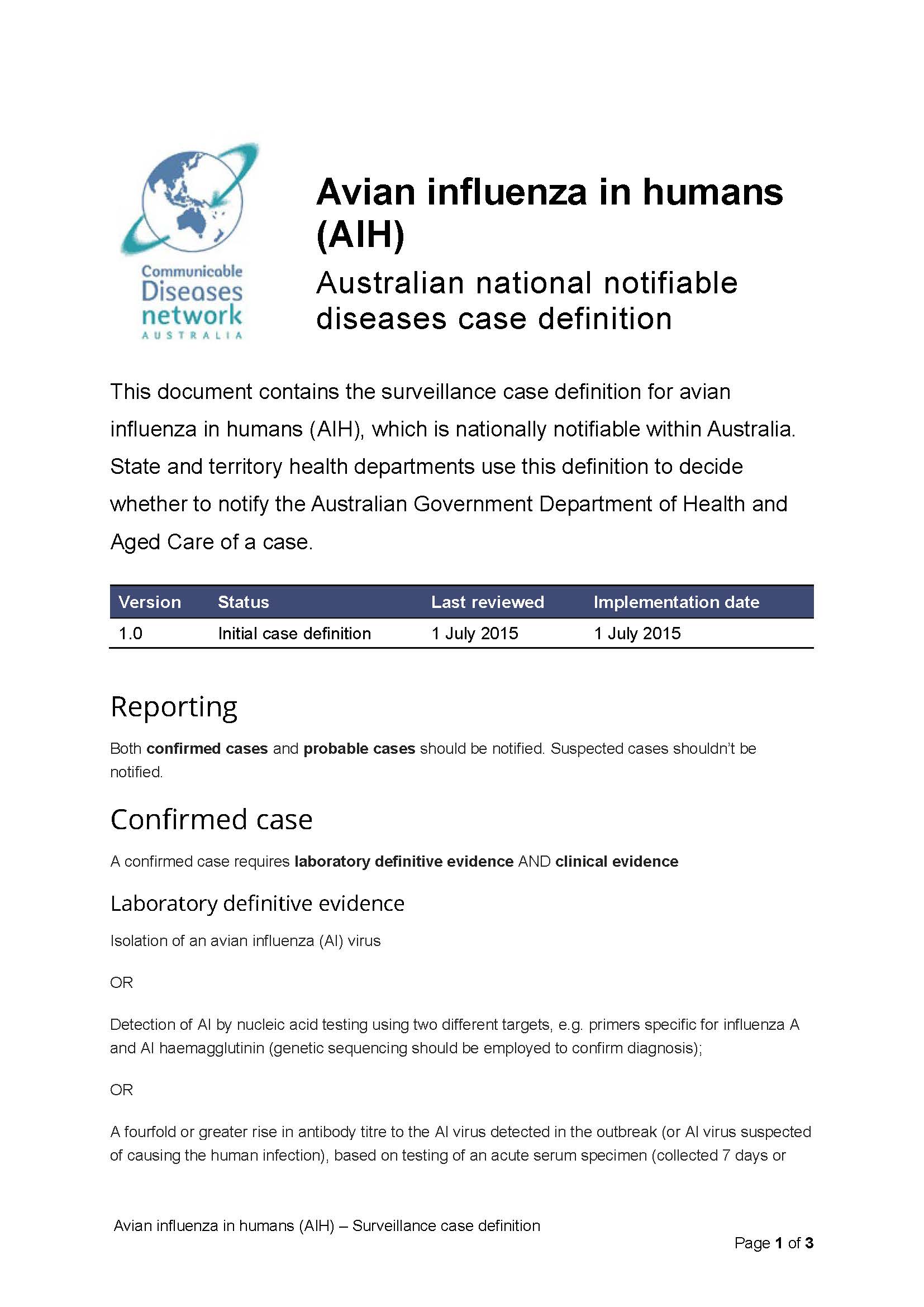 Avian influenza in humans – Surveillance case definition