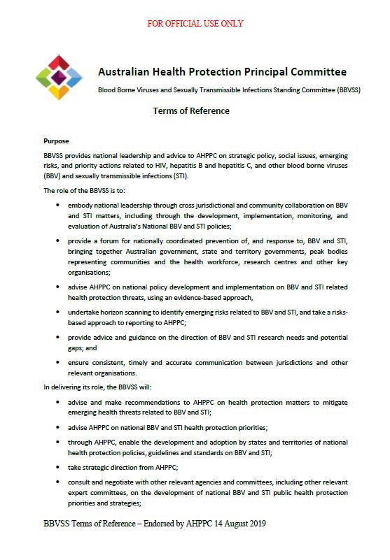 Blood Borne Viruses and Sexually Transmissible Infections Standing Committee – Terms of reference