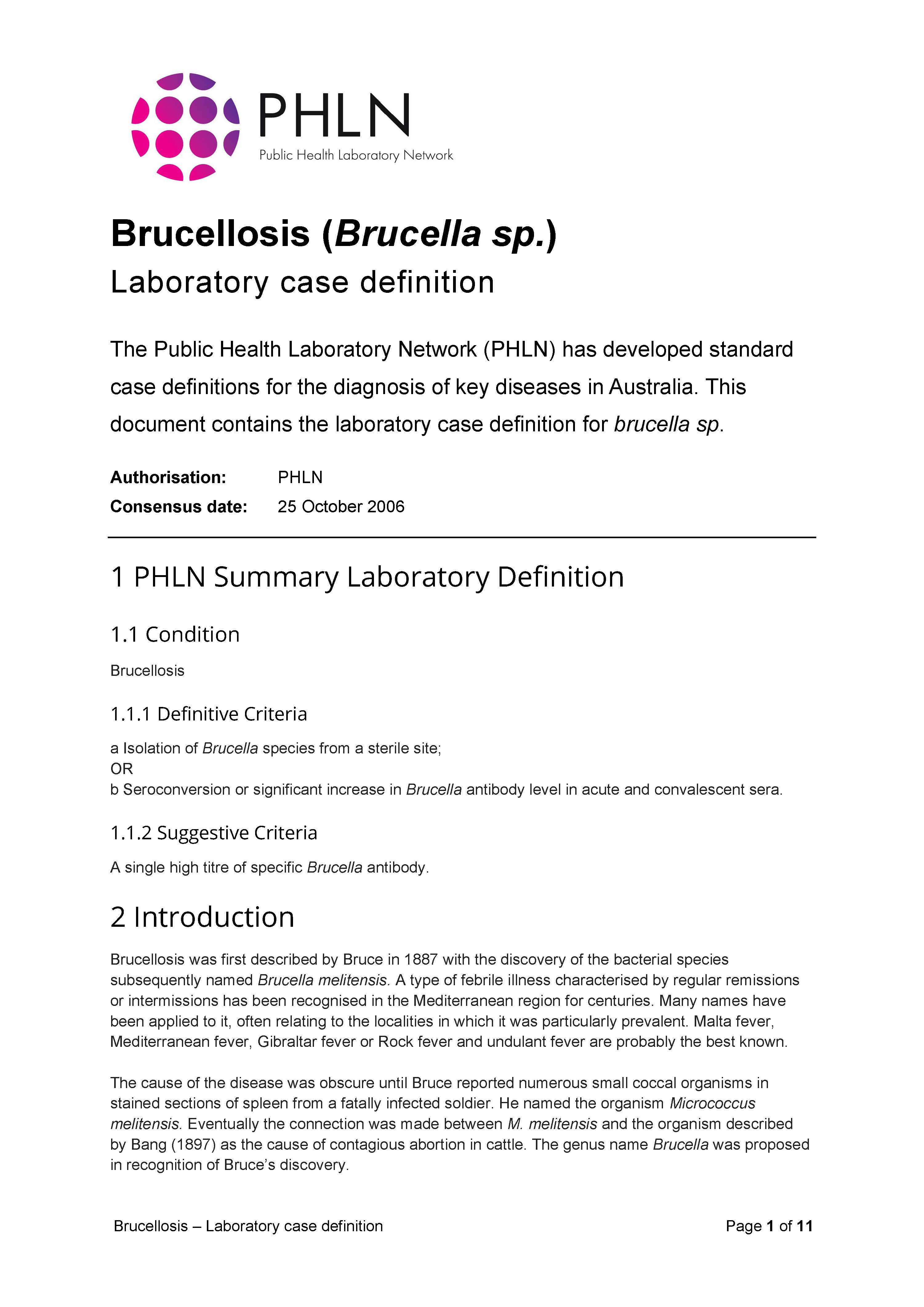 Brucellosis – Laboratory case definition
