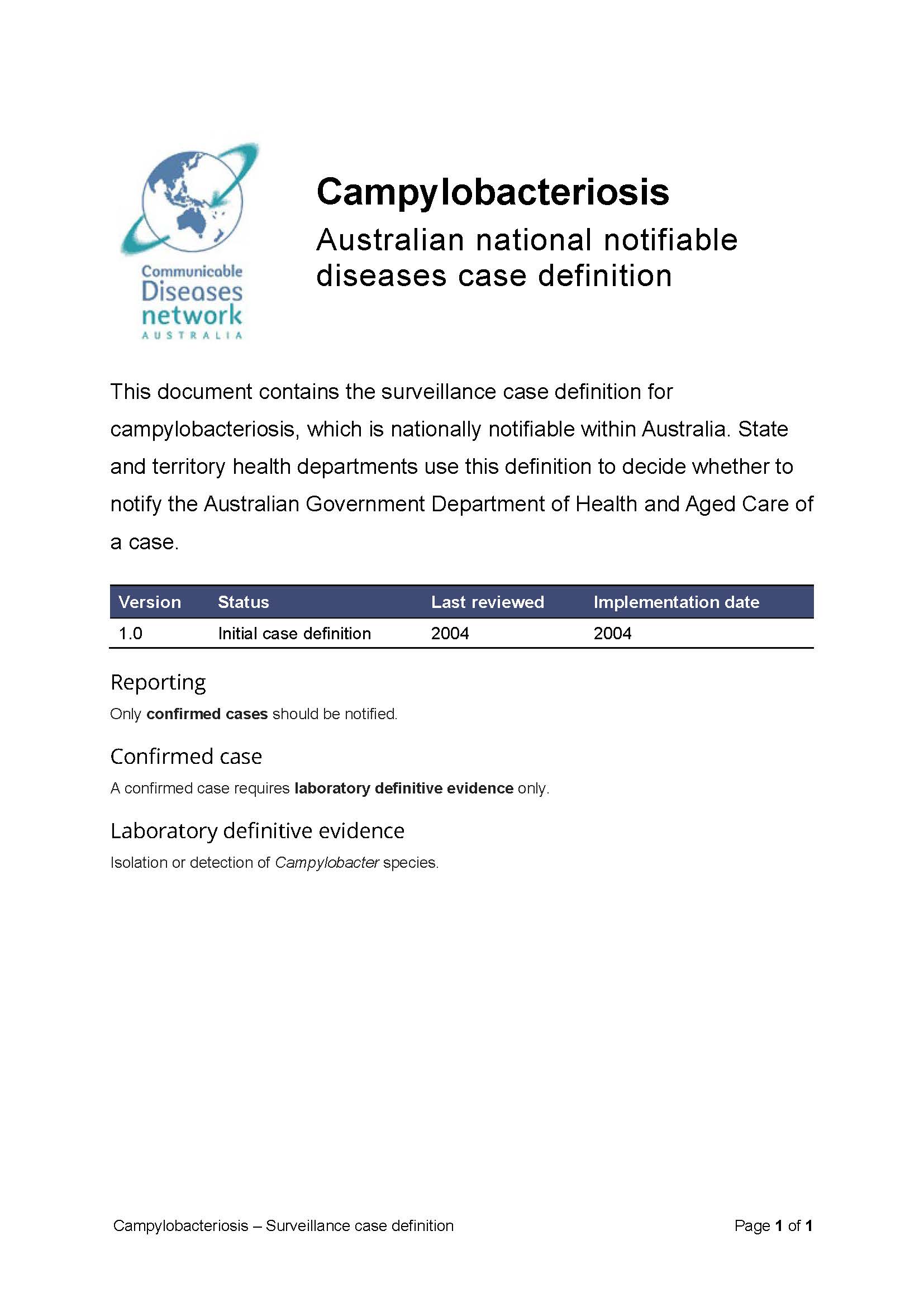 Campylobacteriosis – Surveillance case definition