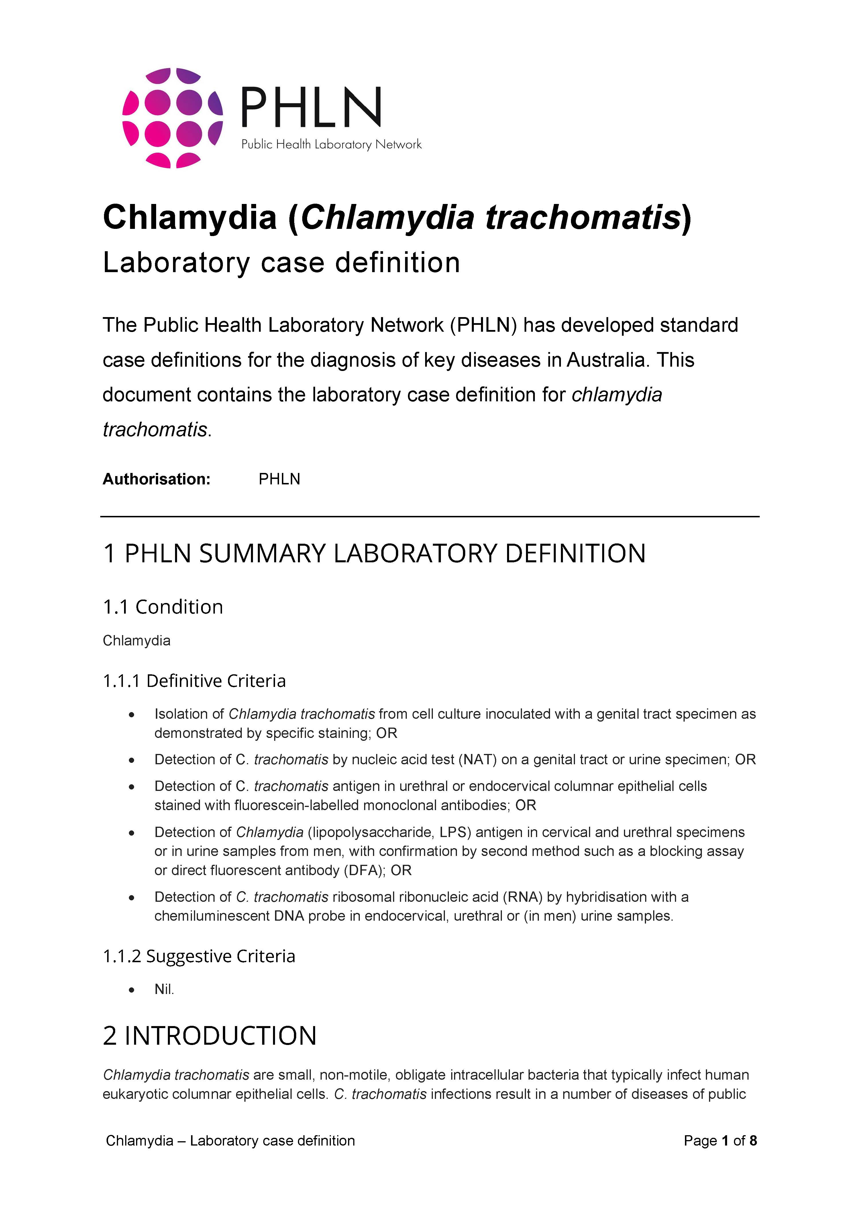 Chlamydia – Laboratory case definition