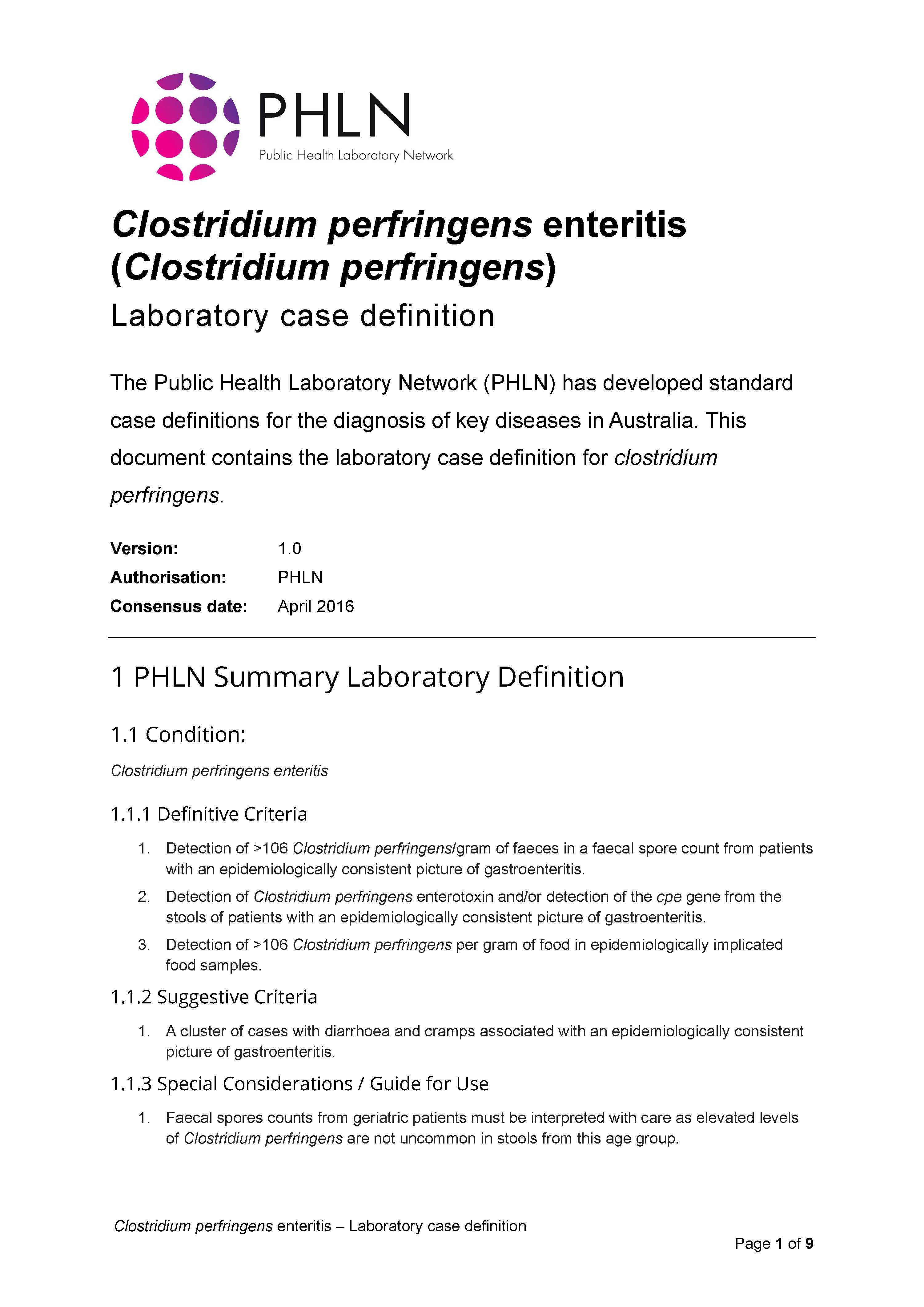 Clostridium perfringens enteritis – Laboratory case definition
