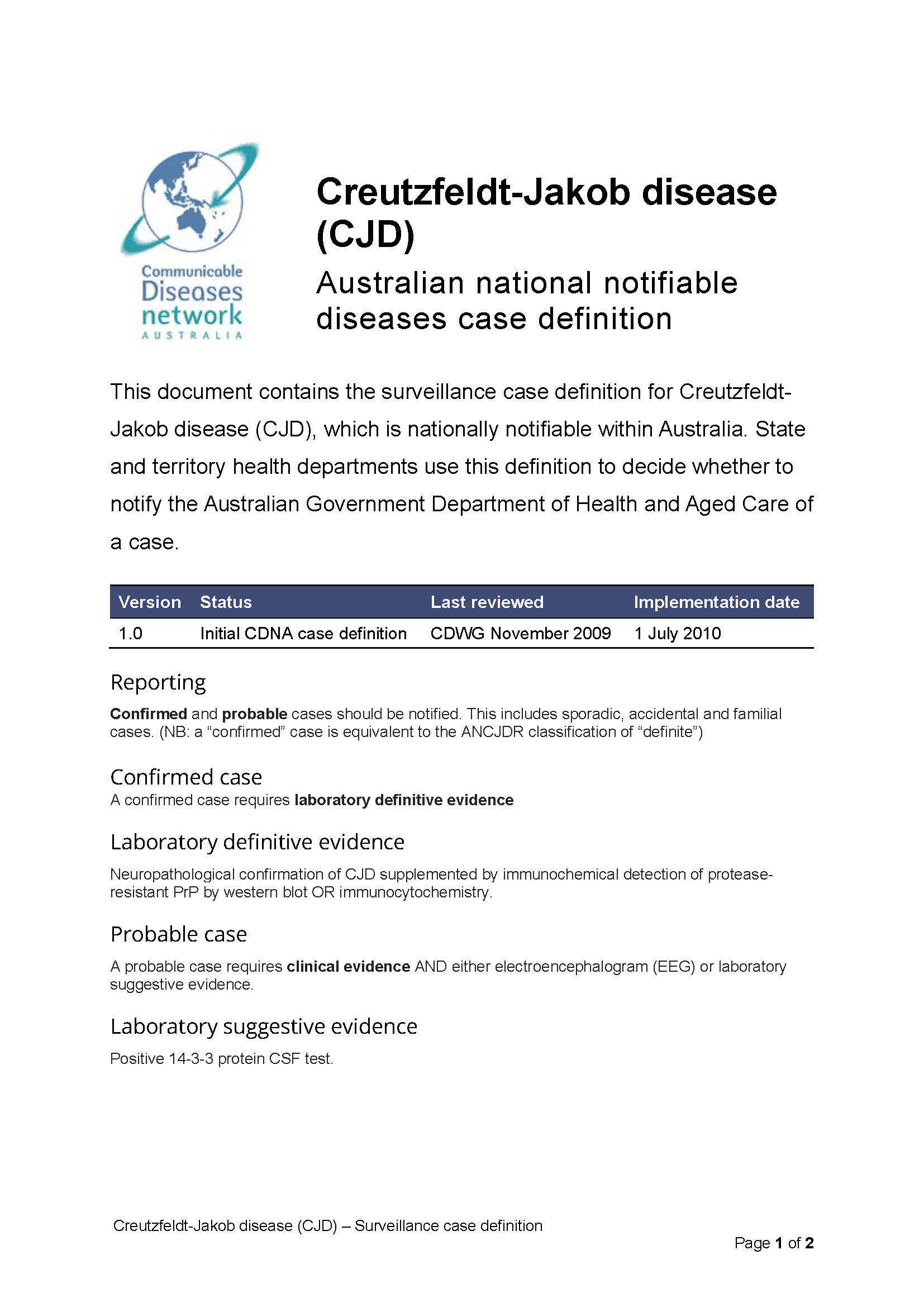 Creutzfeldt-Jakob disease (CJD) – Surveillance case definition