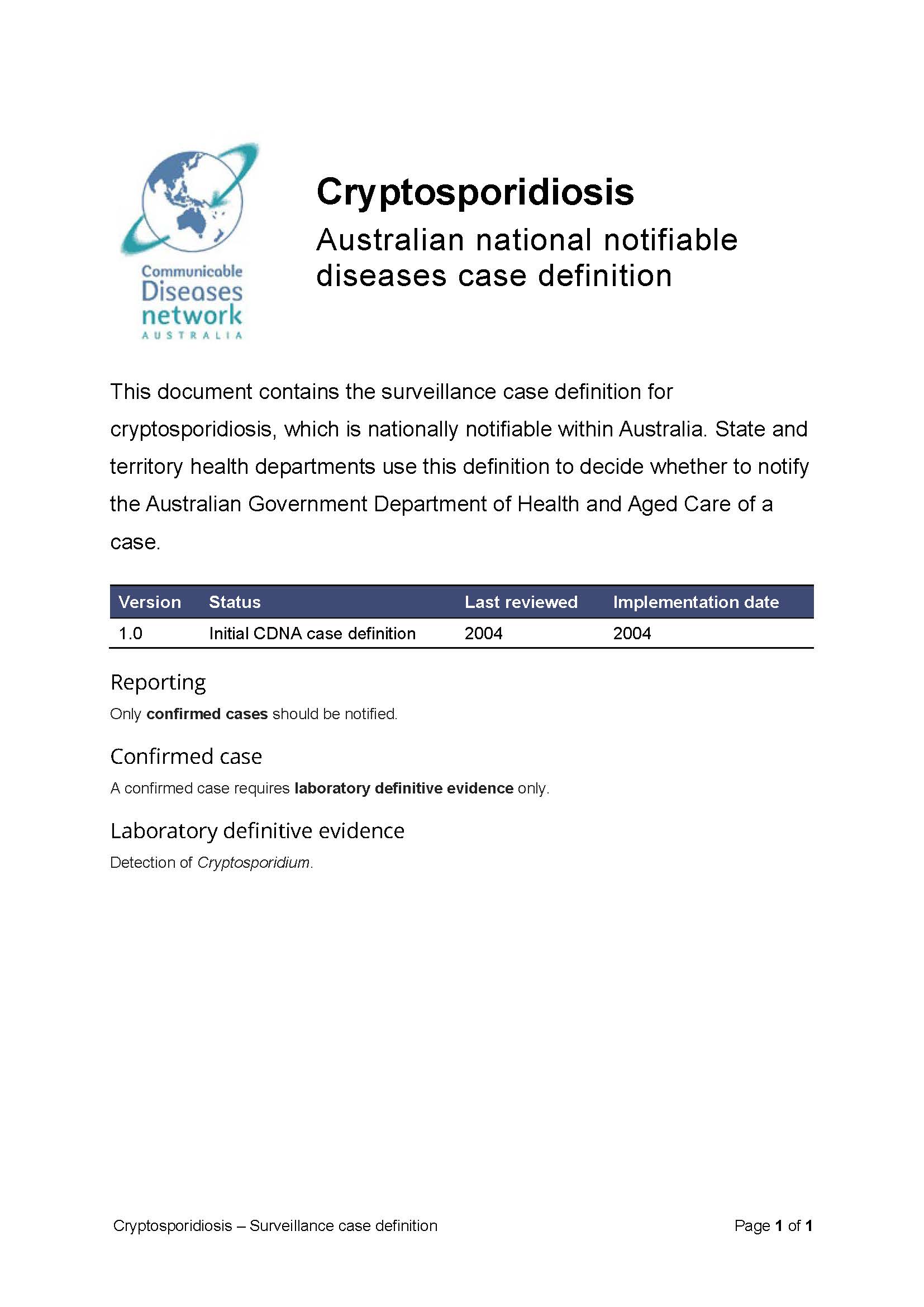 Cryptosporidiosis – Surveillance case definition