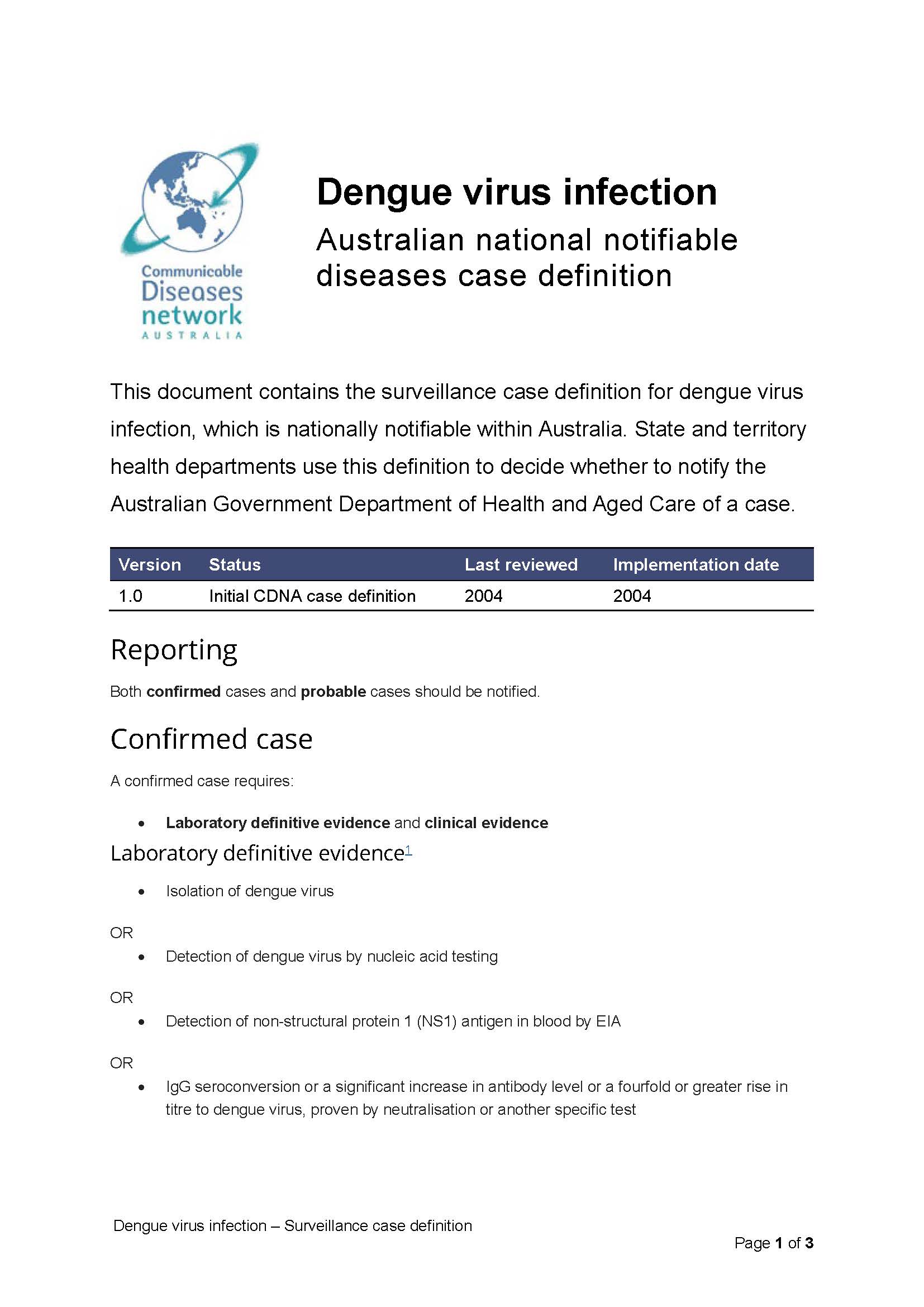 Dengue virus infection – Surveillance case definition