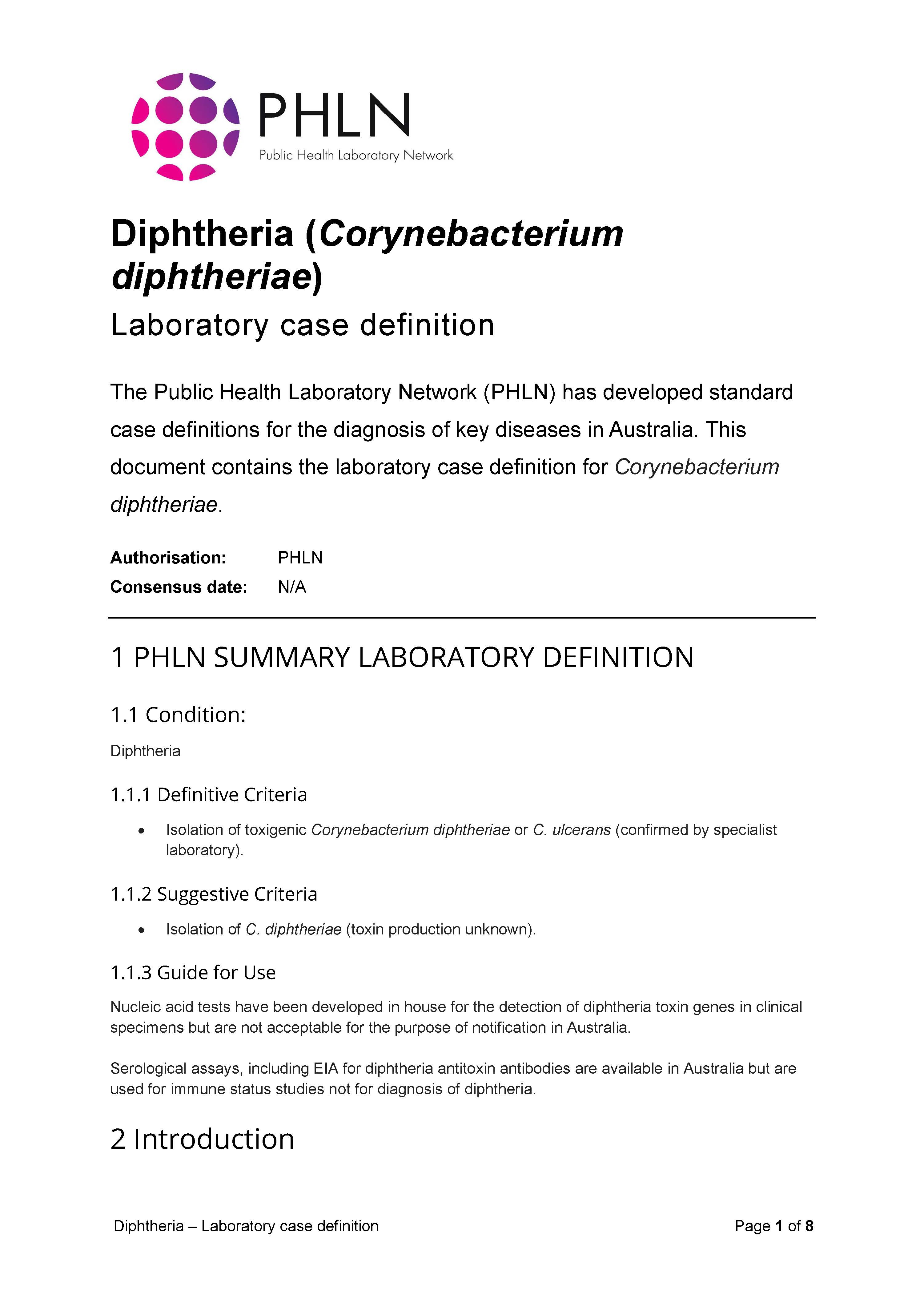 Diphtheria – Laboratory case definition