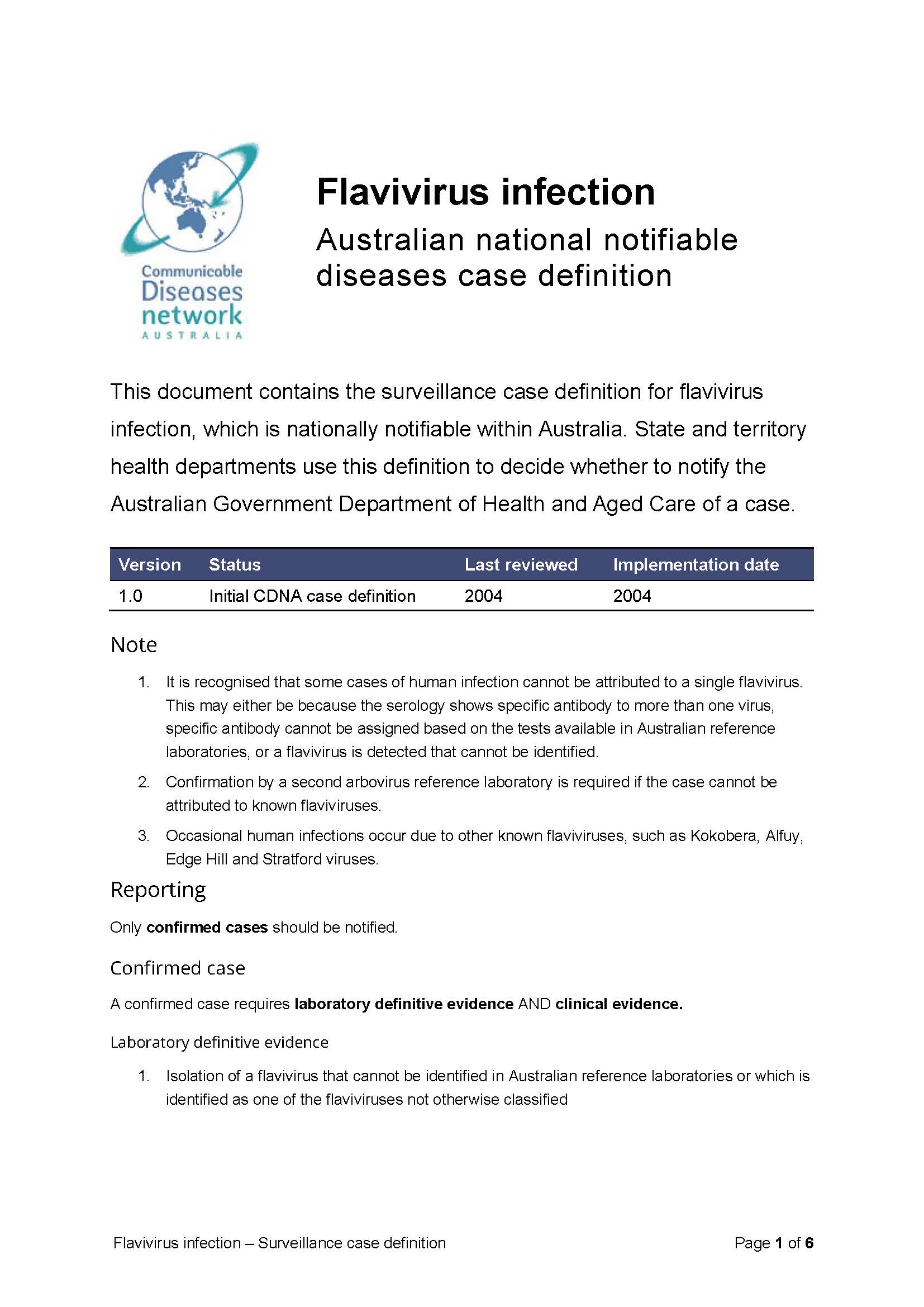 Flavivirus infection (unspecified) – Surveillance case definition