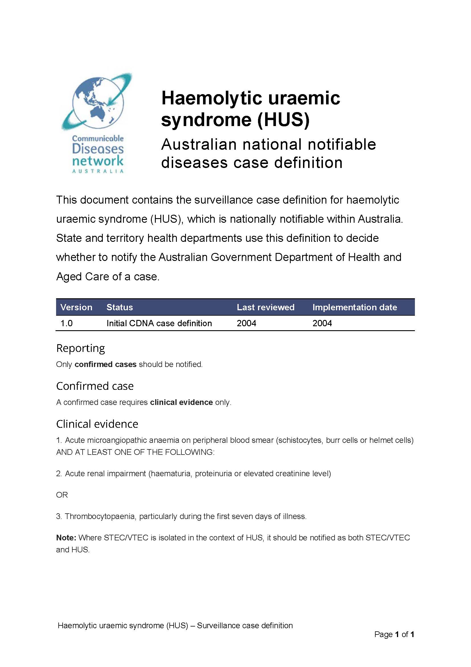 Haemolytic uraemic syndrome (HUS) – Surveillance case definition