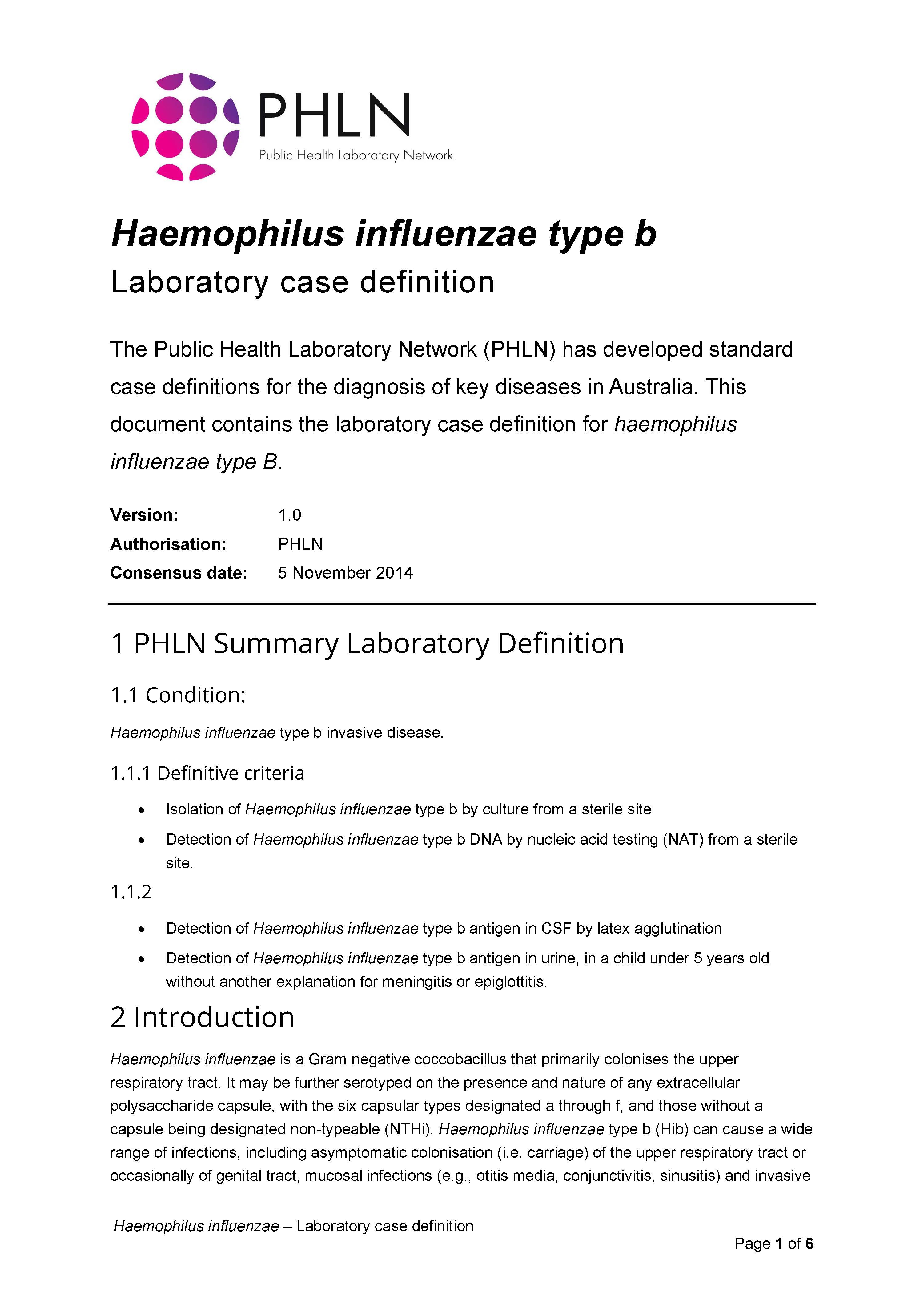 Haemophilus influenzae type b – Laboratory case definition
